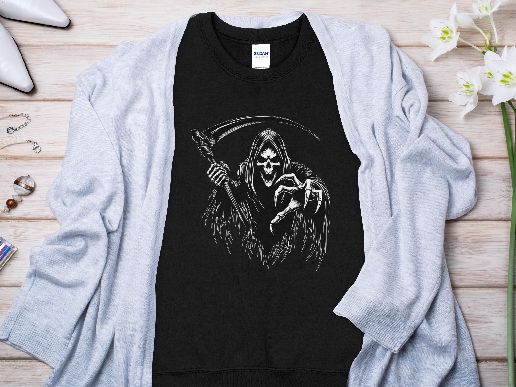 Grim Reaper - Black White Gildan Sweatshirt Commemorative Talisman Unisex Tee Graphic Design