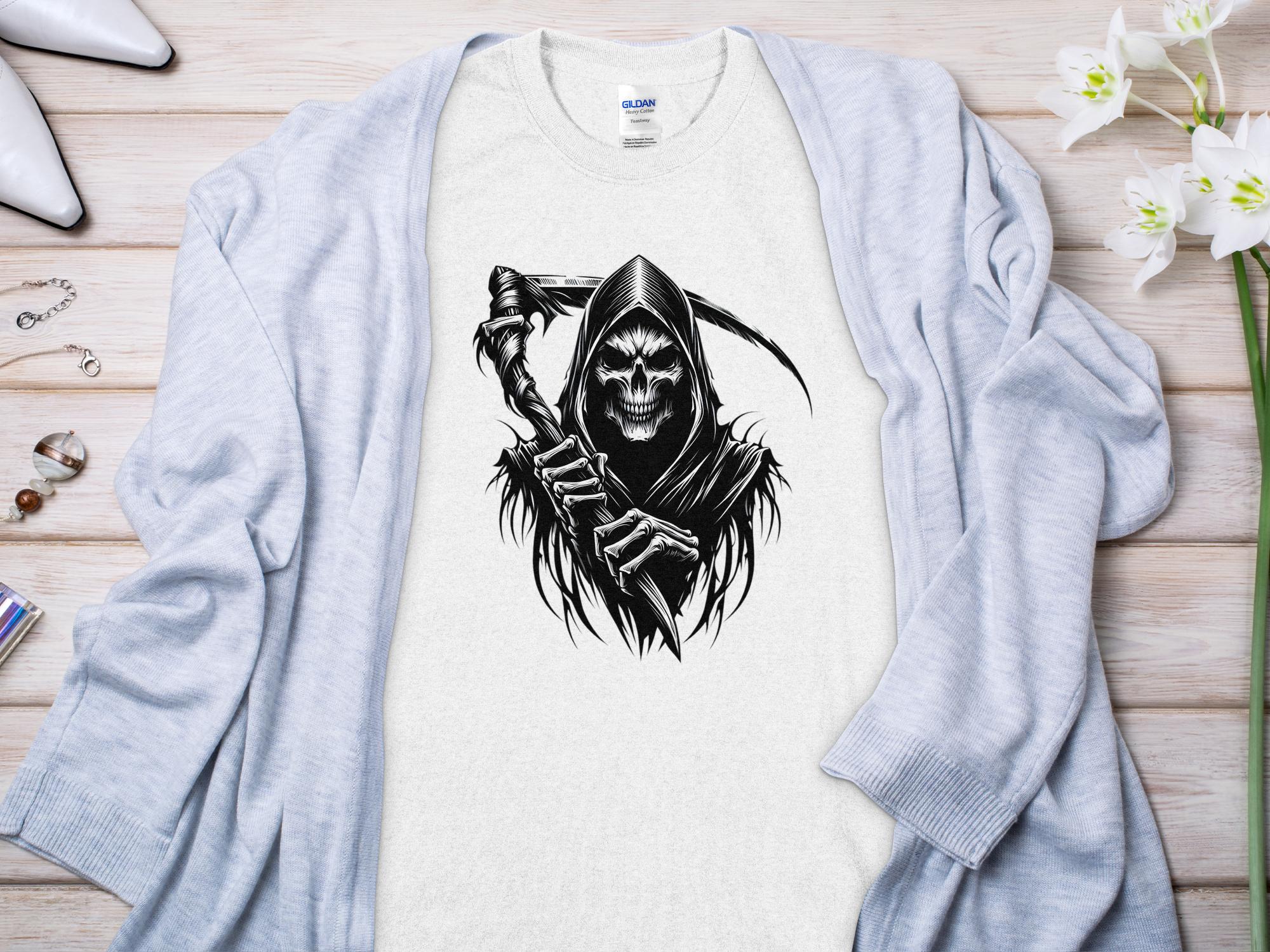 Grim Reaper - Black White Gildan T-Shirt Commemorative Talisman Unisex Tee Graphic Design