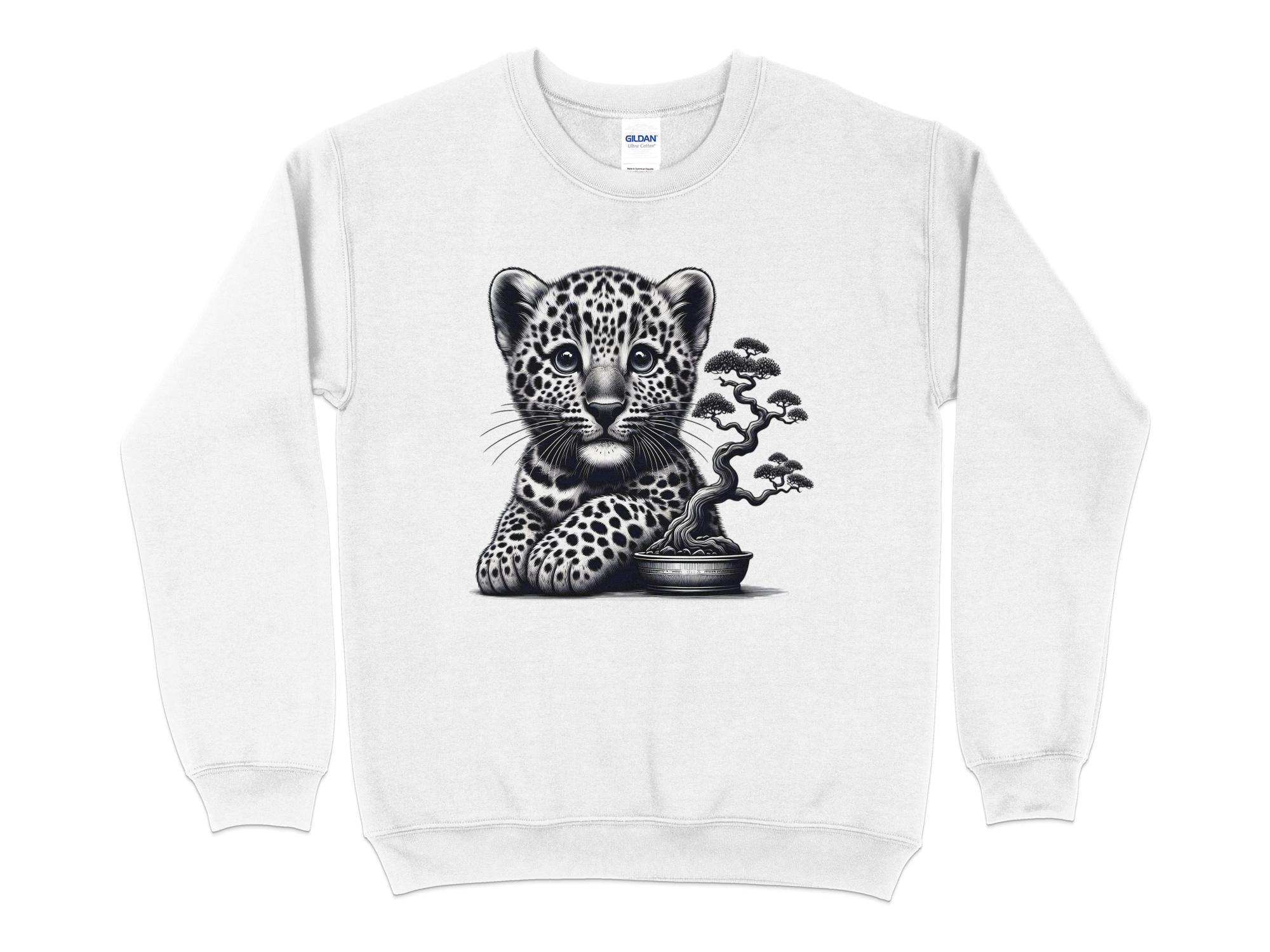 Leopard Bonsai - Coloured Gildan Sweatshirt Realistic Animal Talisman Unisex Cute Tee Graphic Design