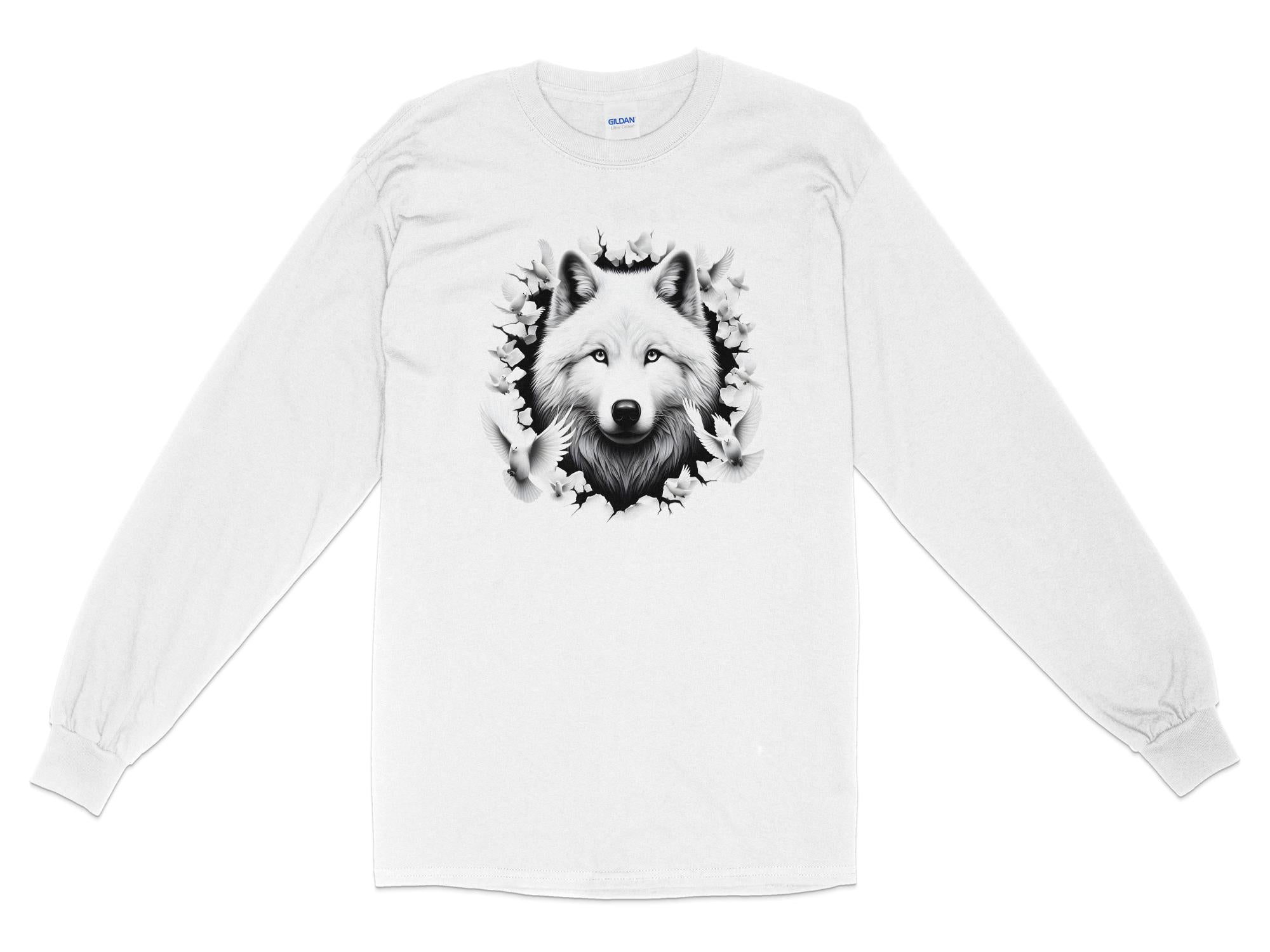 Wolf x Doves - Black White Gildan Long Sleeve Realistic Animal Talisman Unisex Tee Graphic Design