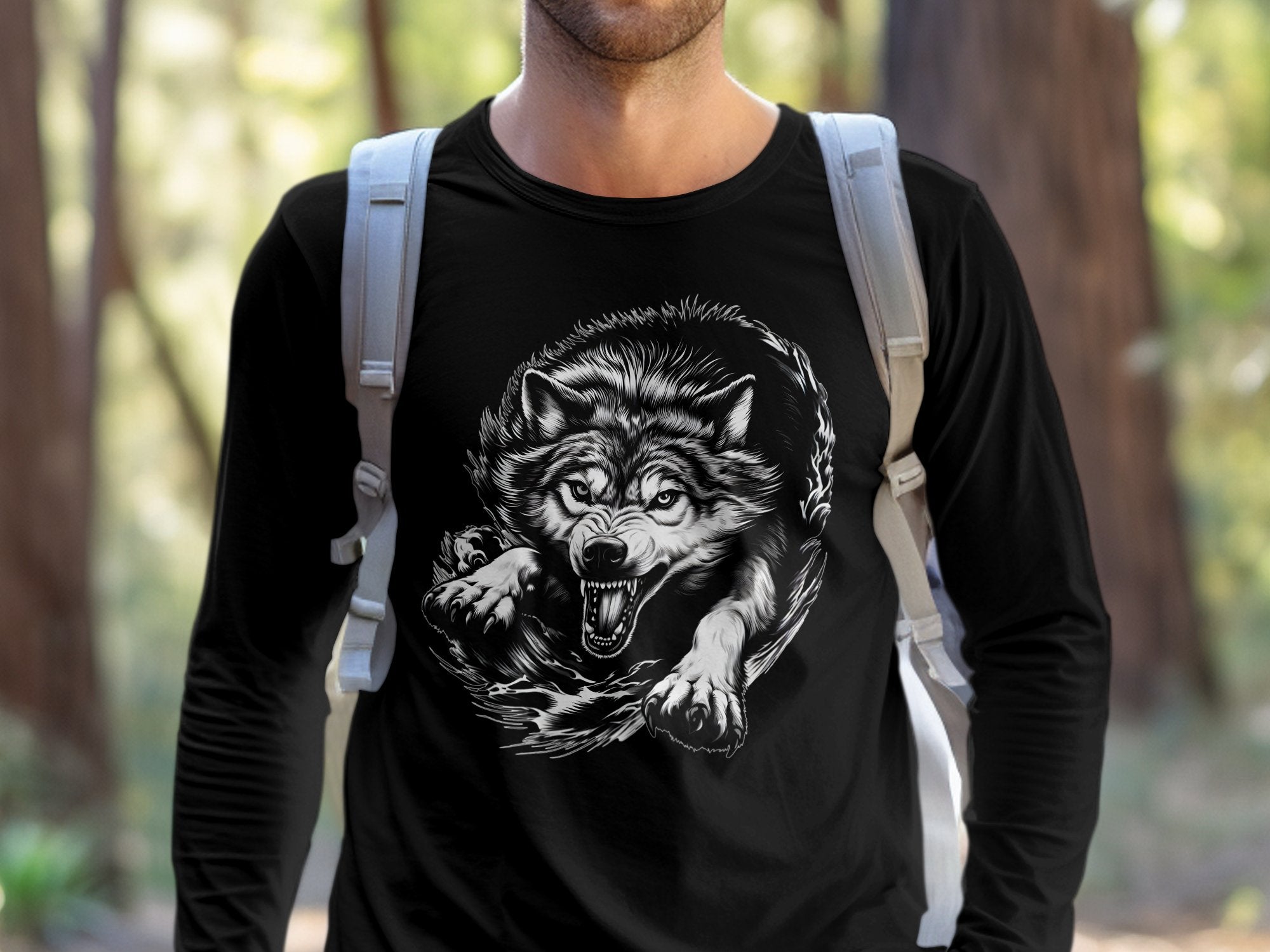 Wolf Tribal - Black White Gildan Long Sleeve Realistic Animal Talisman Unisex Tee Graphic Design