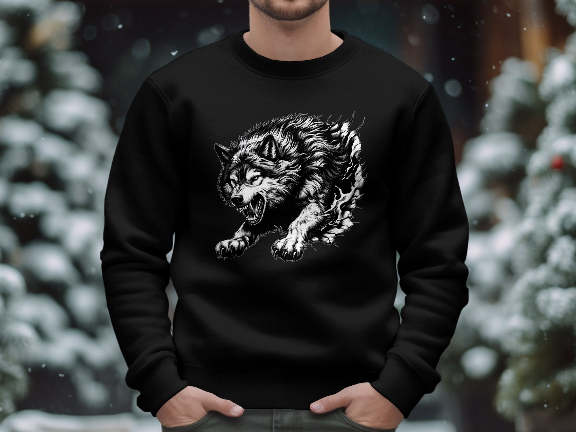 Wolf Tribal - Black White Gildan Sweatshirt Realistic Animal Talisman Unisex Tee Graphic Design