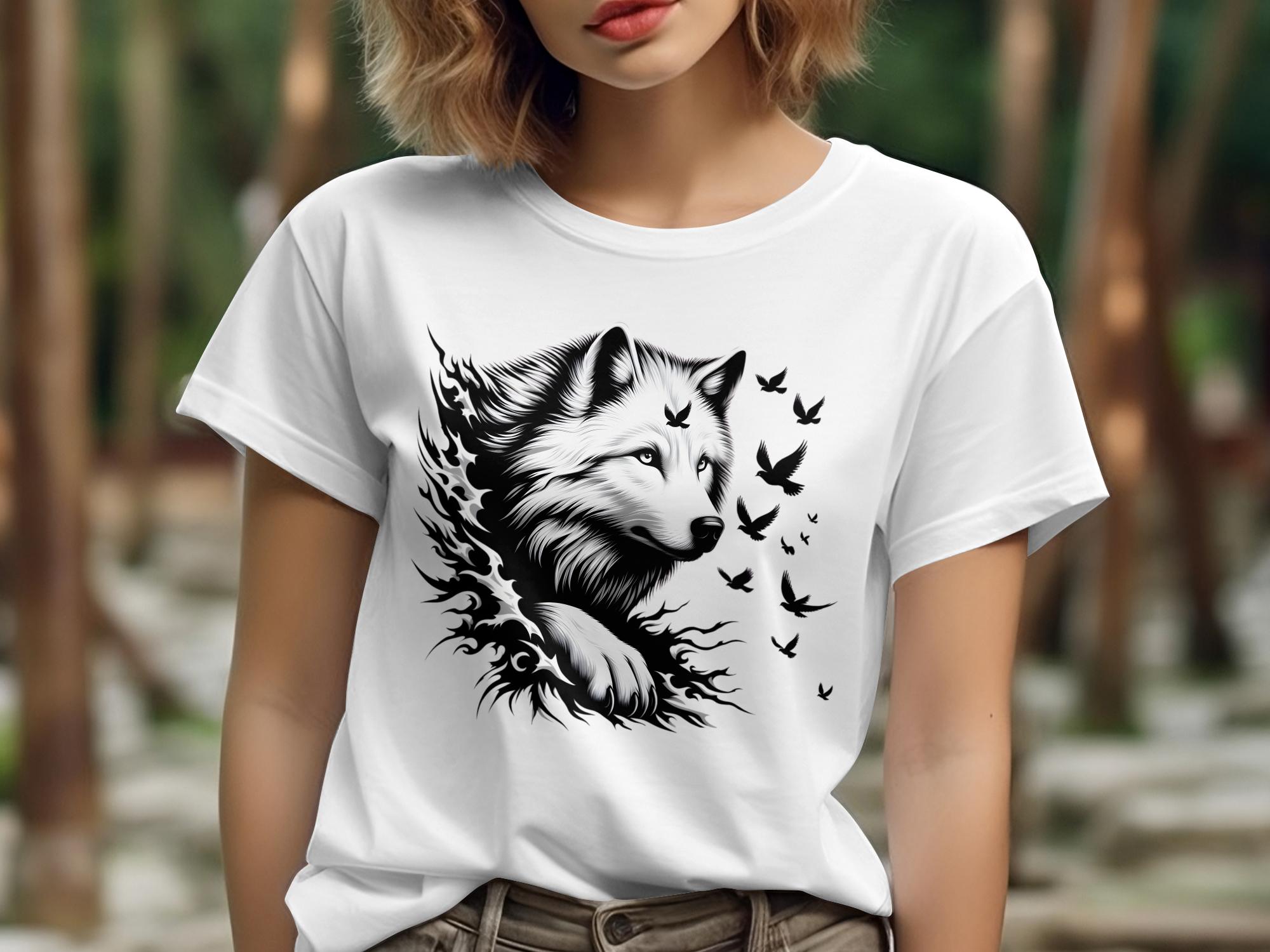 Wolf x Doves - Black White Gildan T-Shirt Realistic Animal Talisman Unisex Tee Graphic Design