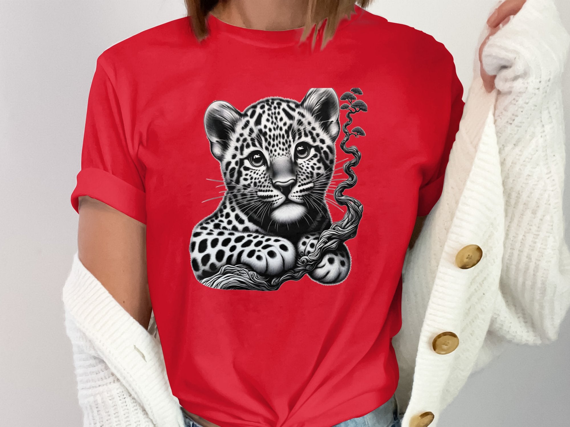 Leopard Bonsai - Coloured Gildan T-Shirt Realistic Animal Talisman Unisex Cute Tee Graphic Design