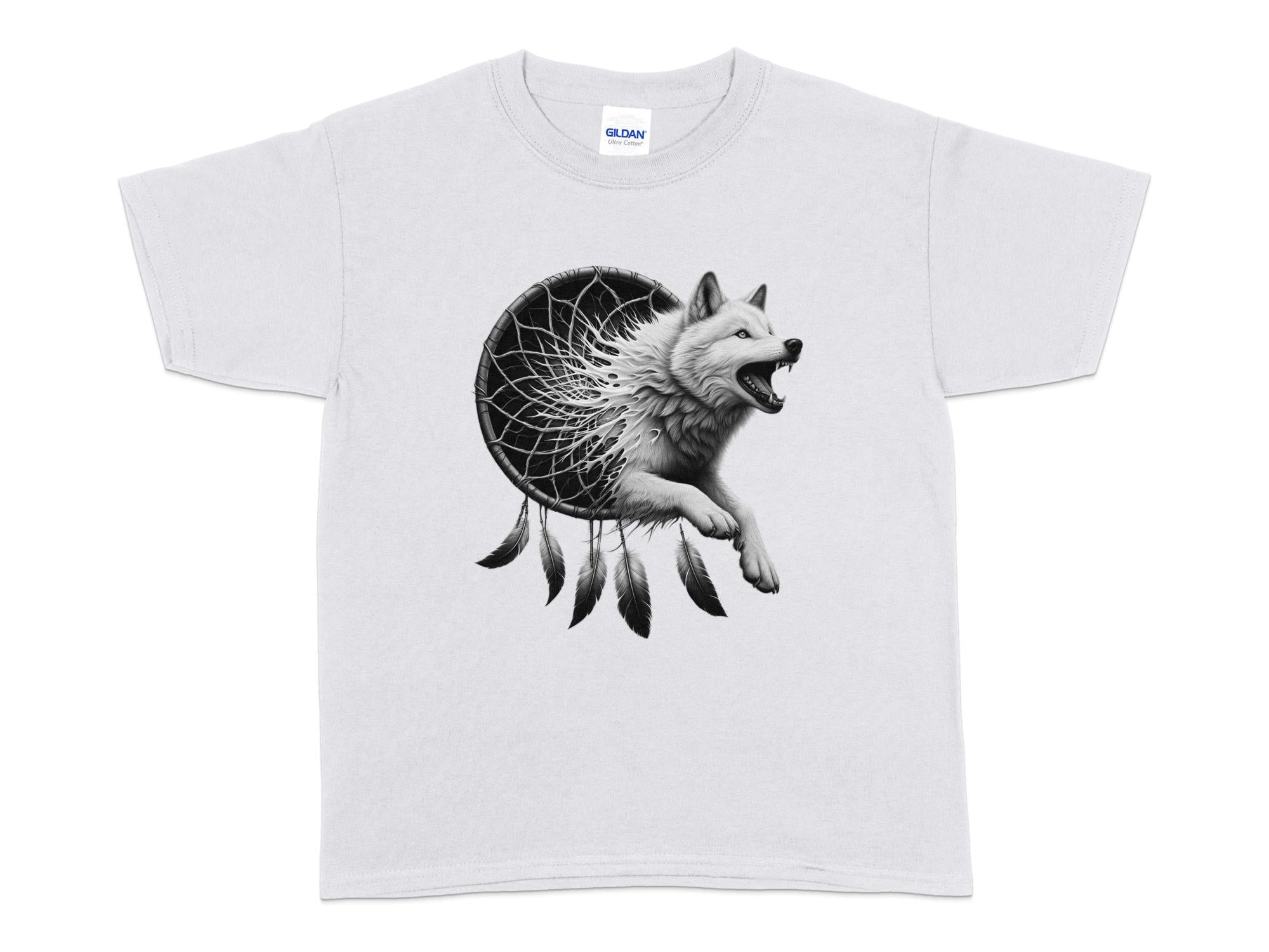 Dreamcatcher Wolf - Coloured Gildan Kids T-Shirt Realistic Native American Talisman Unisex Mythology Tee Graphic Design