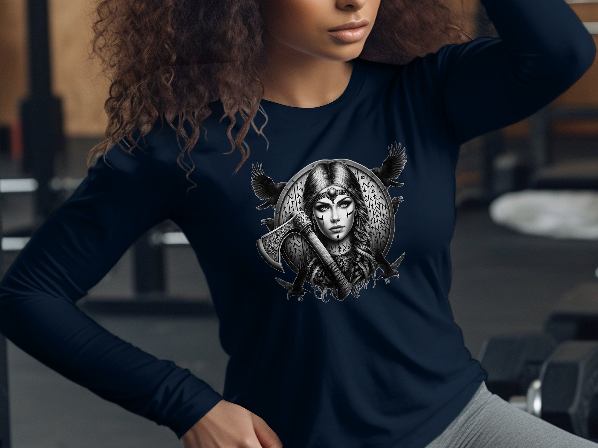 Viking Shield Maiden - Coloured Gildan Long Sleeve Realistic Norse Talisman Men Women Unisex Valhalla Tee Graphic Design