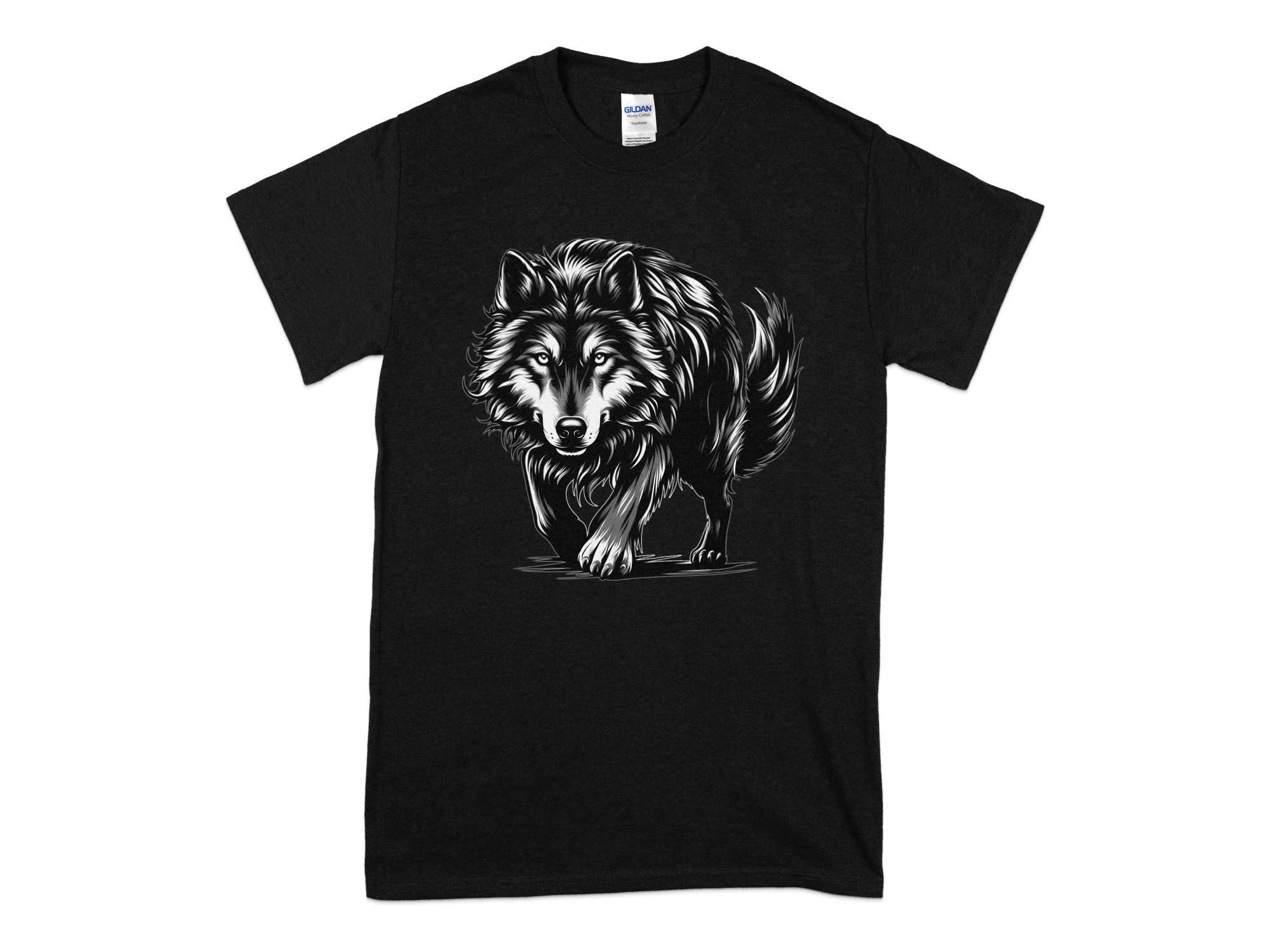 Wolf Tribal - Black White Gildan T-Shirt Realistic Animal Talisman Unisex Tee Graphic Design