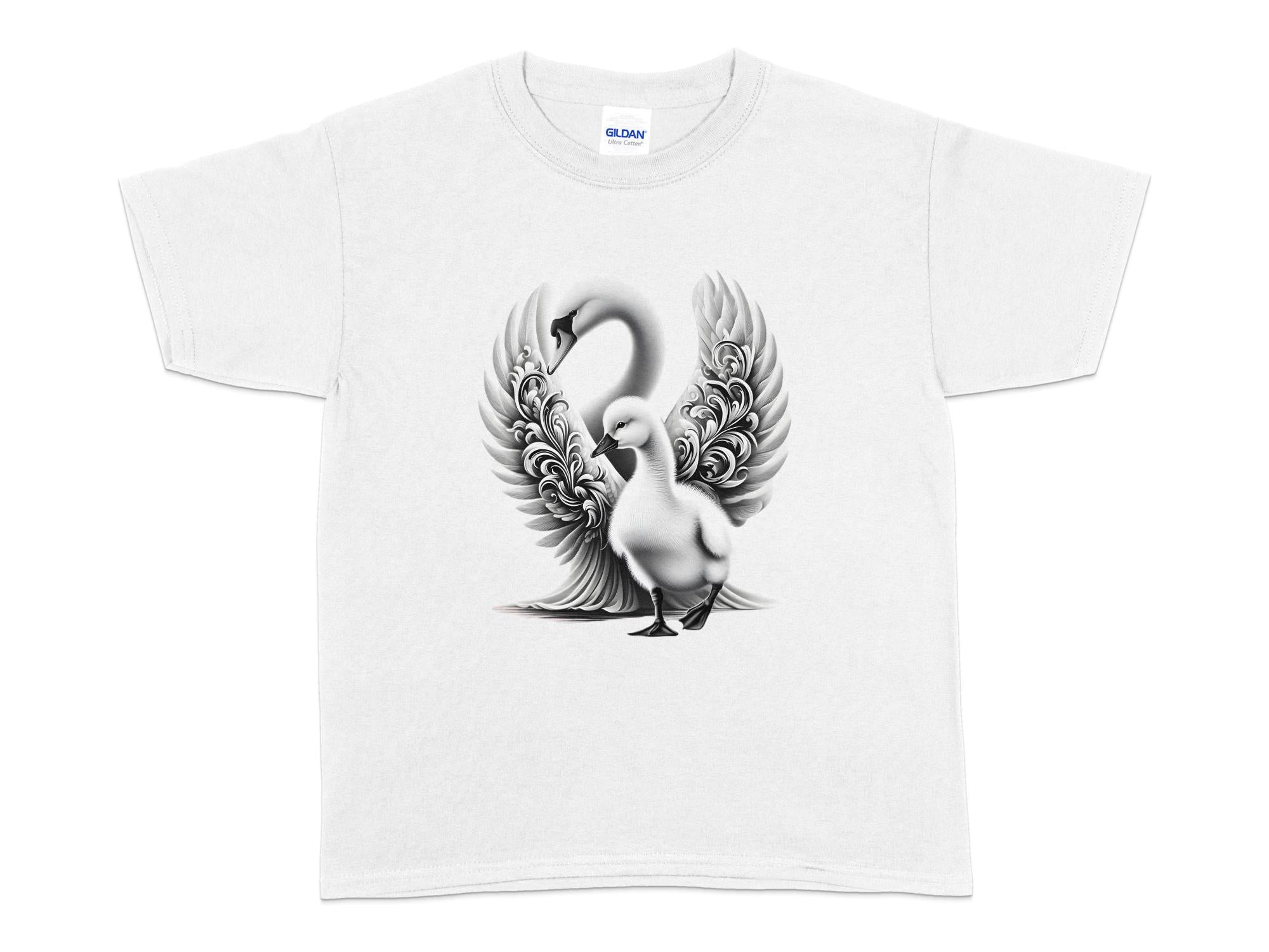 Swan & Cygnet- Black White Gildan Kids T-Shirt Realistic Family Talisman Unisex Tee Graphic Design