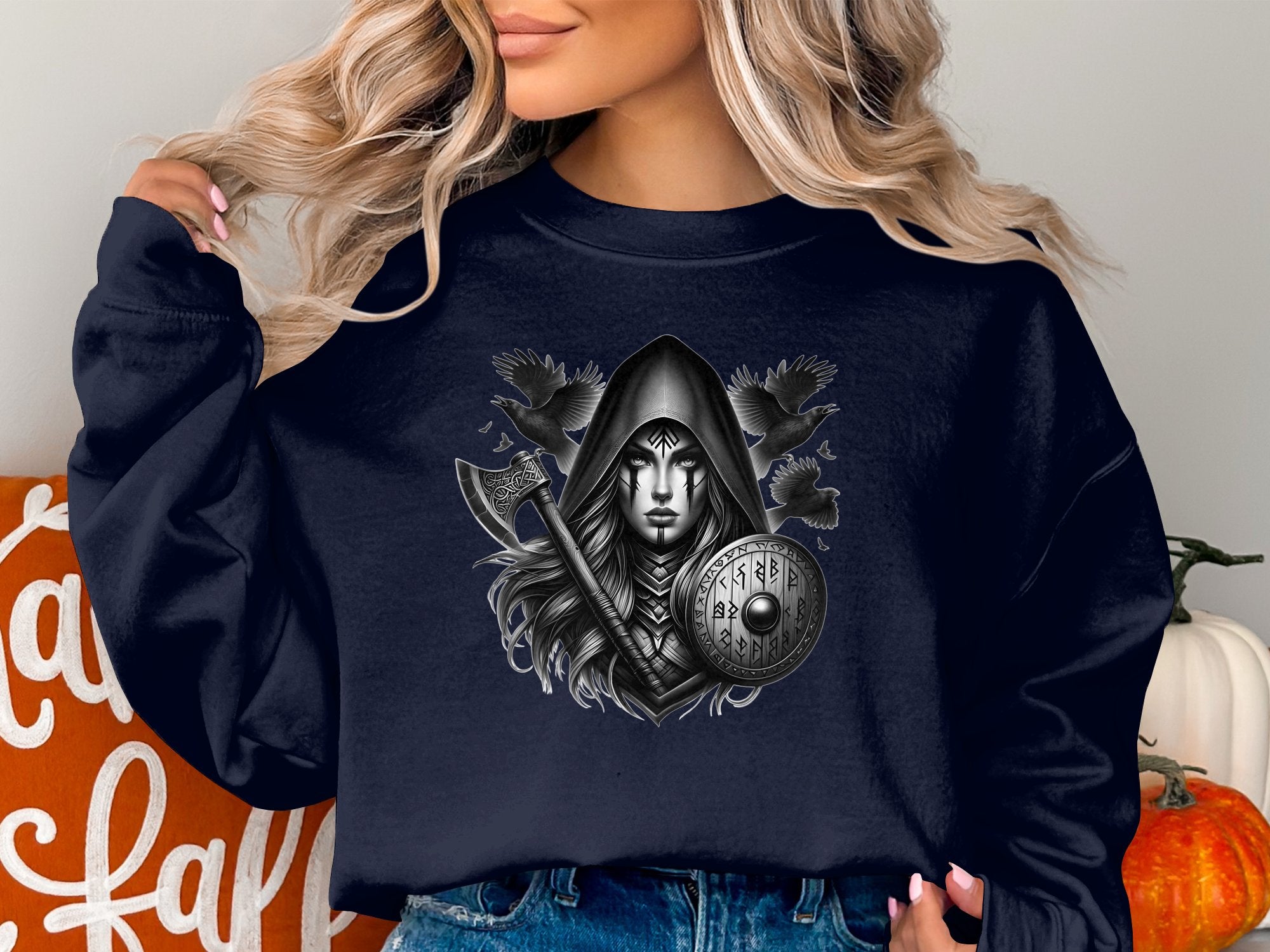 Viking Shield Maiden - Coloured Gildan Sweatshirt Realistic Norse Talisman Men Women Unisex Valhalla Tee Graphic Design