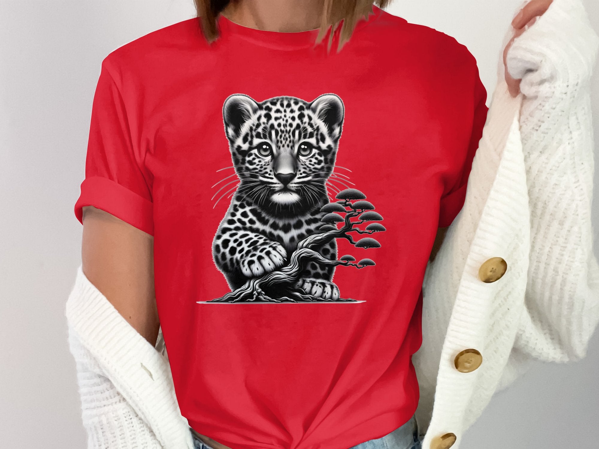 Leopard Bonsai - Coloured Gildan T-Shirt Realistic Animal Talisman Unisex Cute Tee Graphic Design