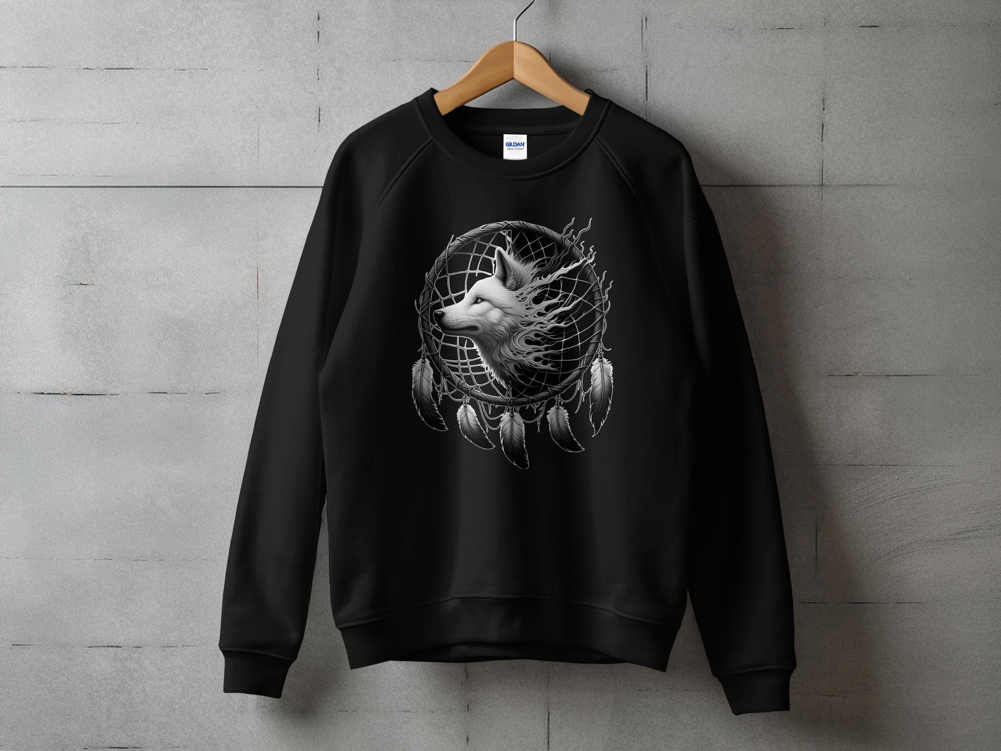 Dreamcatcher Wolf - Coloured Gildan Sweatshirt Realistic Native American Talisman Unisex Mythology Tee Graphic Design