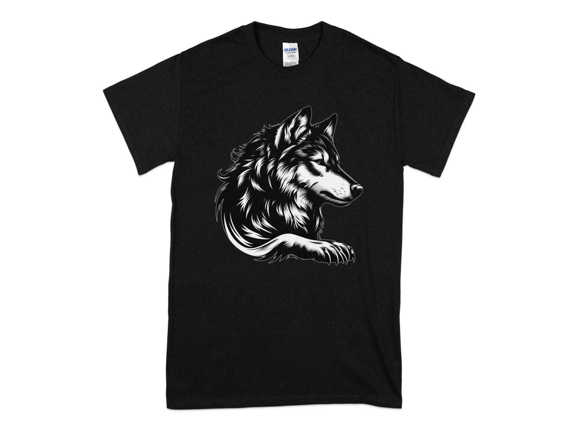 Wolf Tribal - Black White Gildan T-Shirt Realistic Animal Talisman Unisex Tee Graphic Design