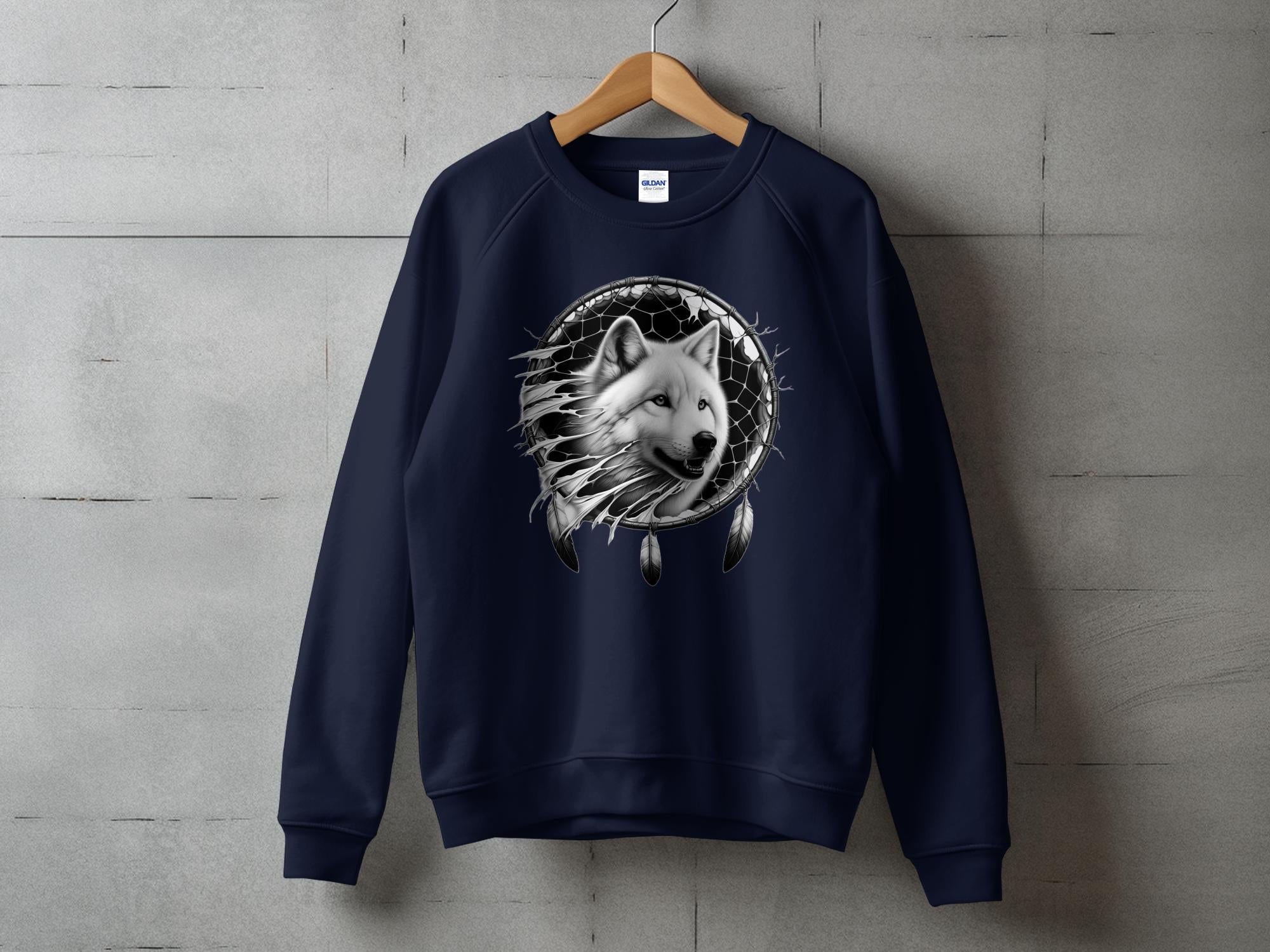 Dreamcatcher Wolf - Coloured Gildan Sweatshirt Realistic Native American Talisman Unisex Mythology Tee Graphic Design