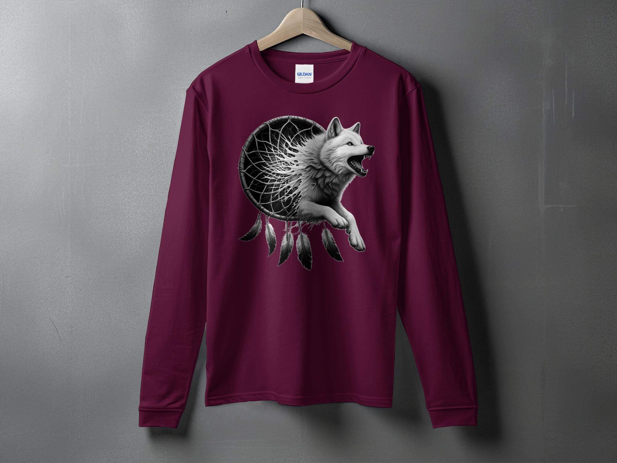 Dreamcatcher Wolf - Coloured Gildan Long Sleeve Realistic Native American Talisman Unisex Mythology Tee Graphic Design