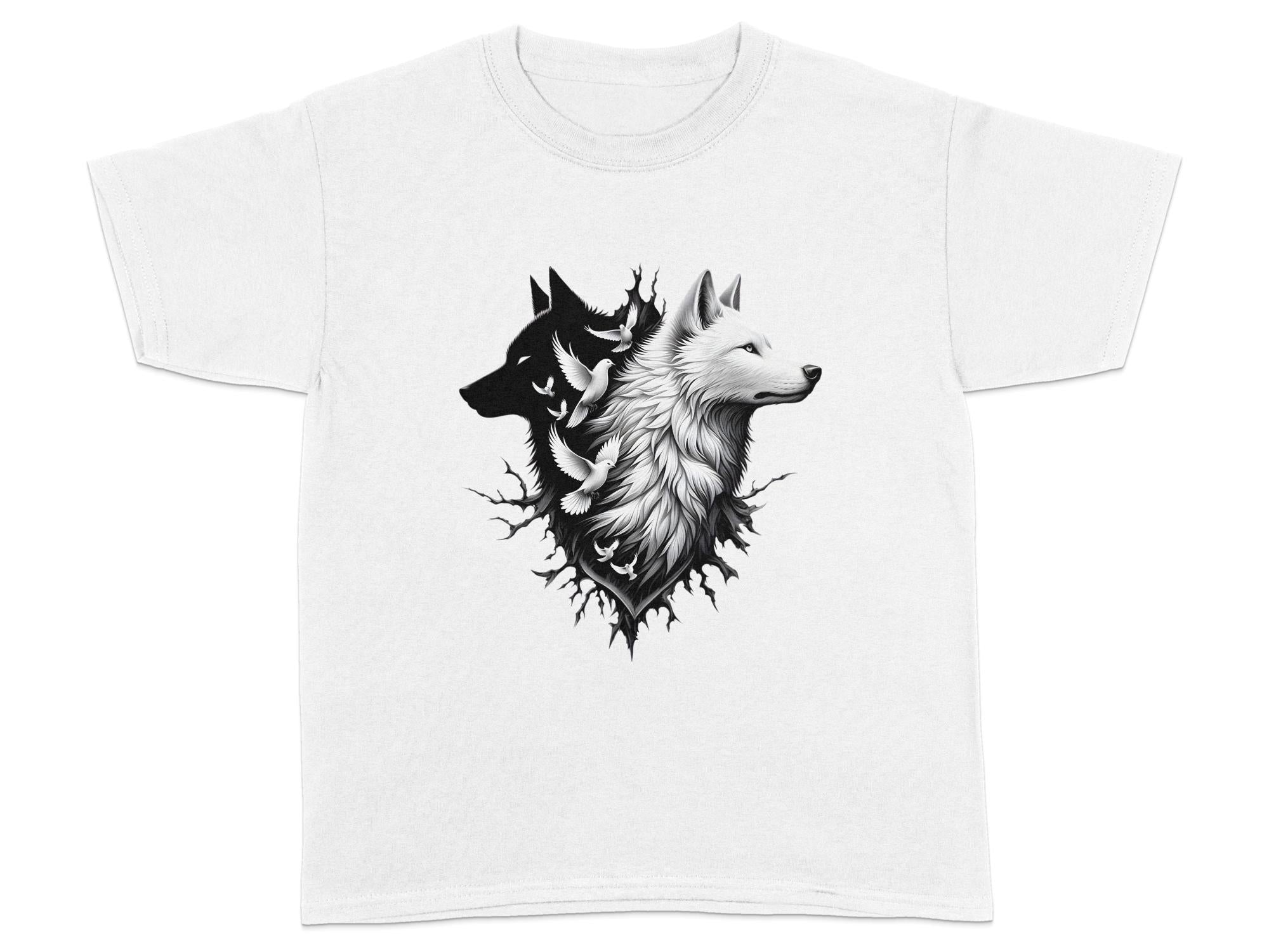 Wolf x Doves - Black White Gildan Kids T-Shirt Realistic Animal Talisman Unisex Tee Graphic Design