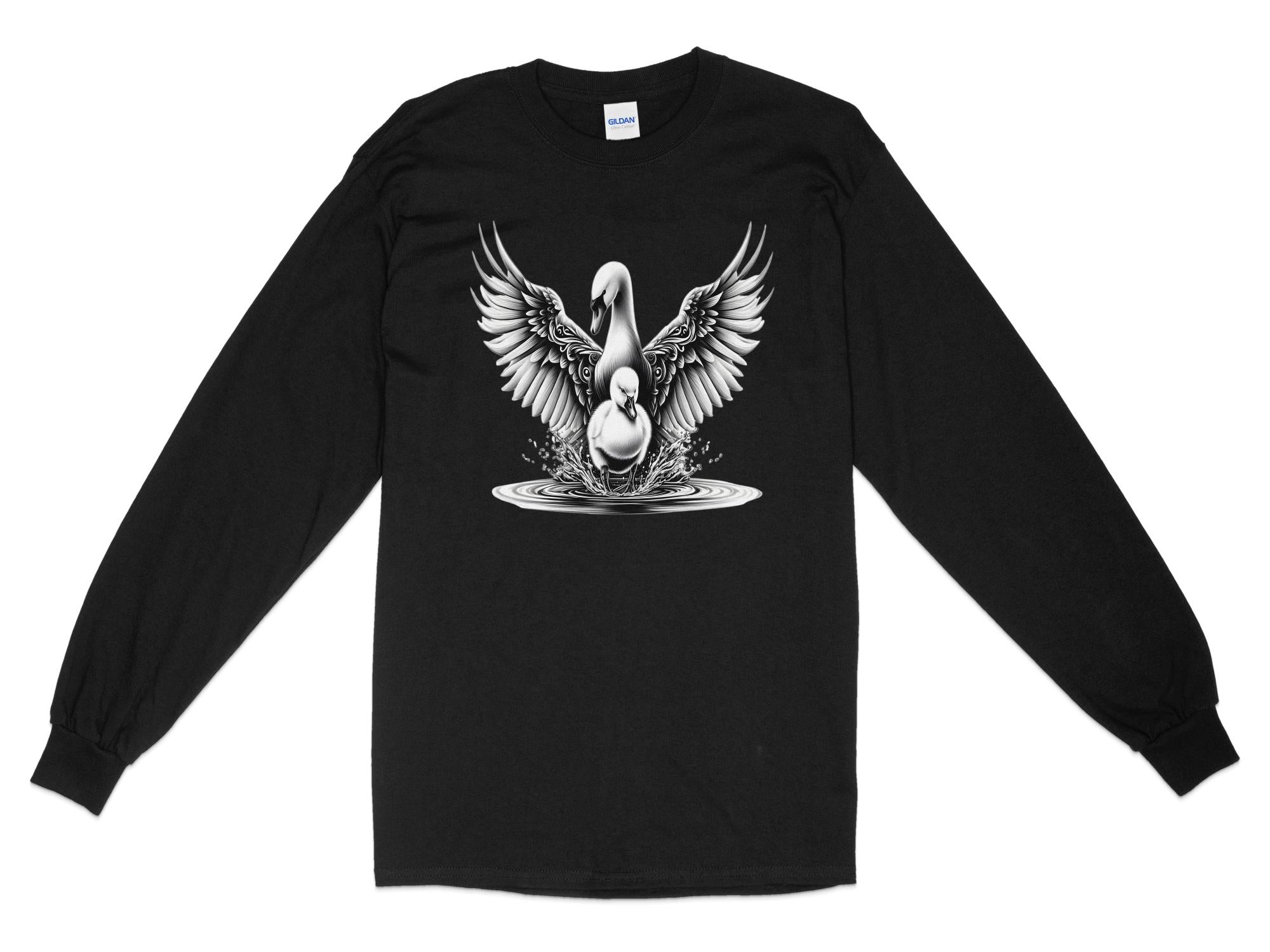 Swan & Cygnet- Black White Gildan Long Sleeve Realistic Family Talisman Unisex Tee Graphic Design