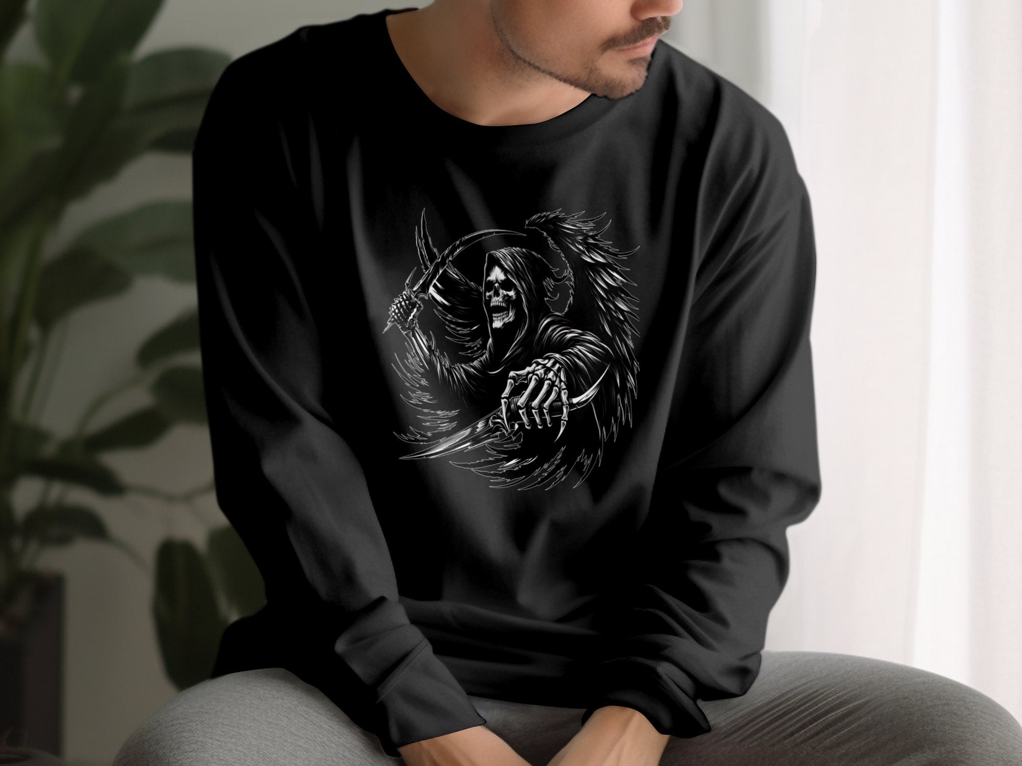 Grim Reaper - Black White Gildan Long Sleeve Commemorative Talisman Unisex Tee Graphic Design