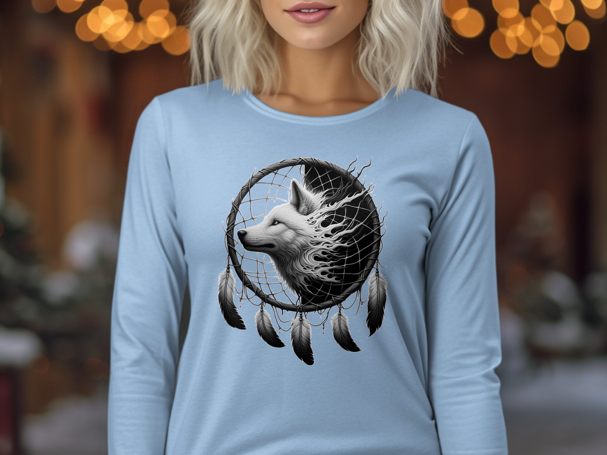 Dreamcatcher Wolf - Coloured Gildan Long Sleeve Realistic Native American Talisman Unisex Mythology Tee Graphic Design