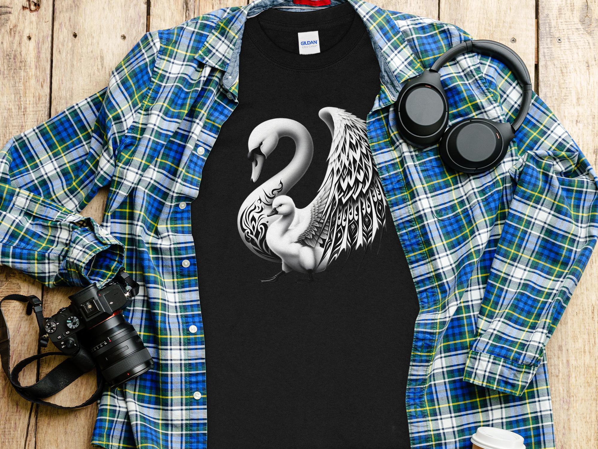 Swan & Cygnet- Black White Gildan Long Sleeve Realistic Family Talisman Unisex Tee Graphic Design