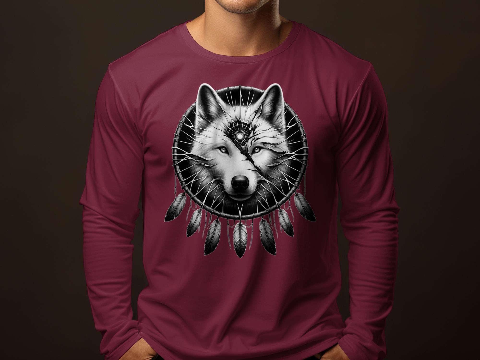 Dreamcatcher Wolf - Coloured Gildan Long Sleeve Realistic Native American Talisman Unisex Mythology Tee Graphic Design