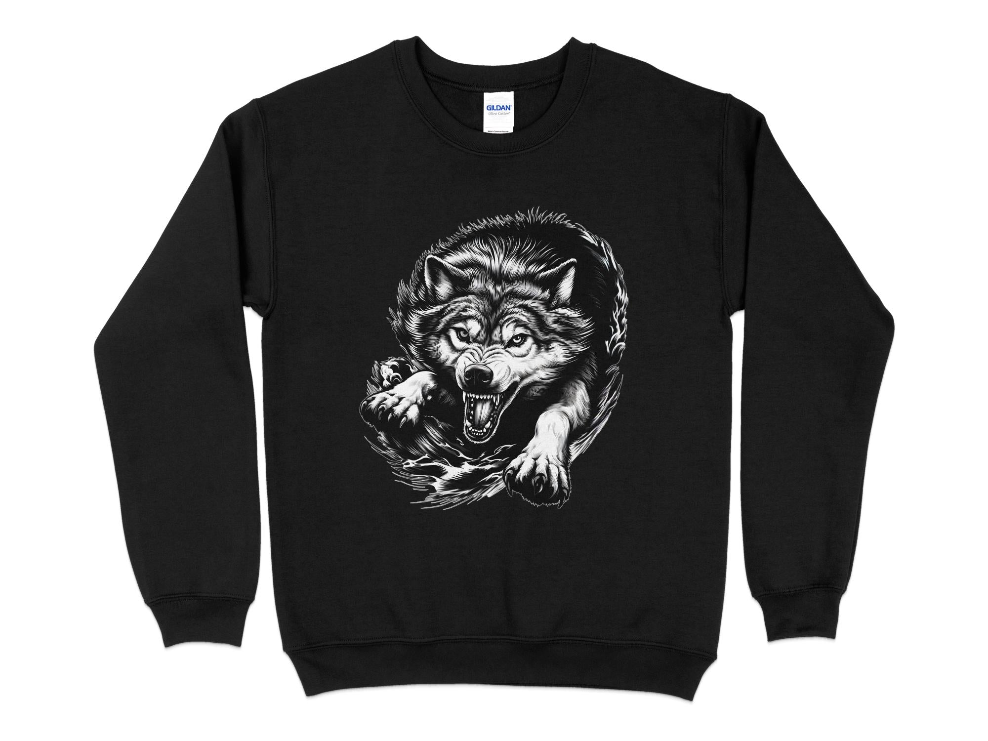 Wolf Tribal - Black White Gildan Sweatshirt Realistic Animal Talisman Unisex Tee Graphic Design