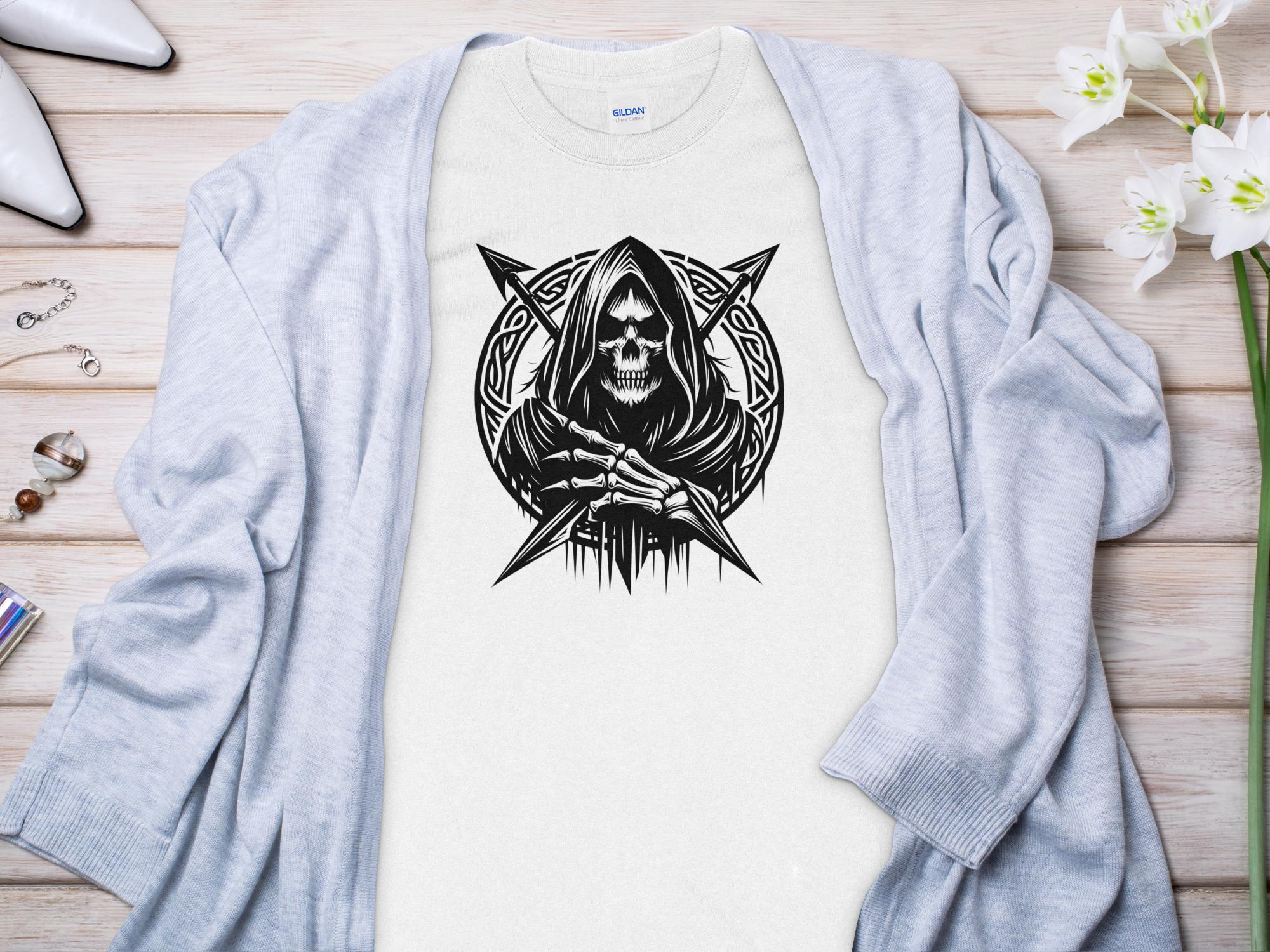 Grim Reaper - Black White Gildan Long Sleeve Commemorative Talisman Unisex Tee Graphic Design