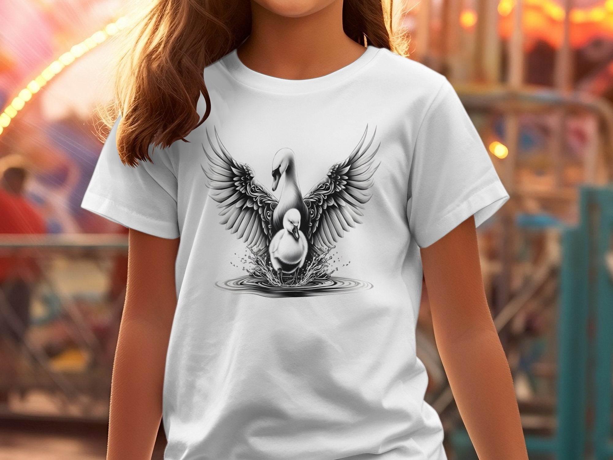 Swan & Cygnet- Black White Gildan Kids T-Shirt Realistic Family Talisman Unisex Tee Graphic Design