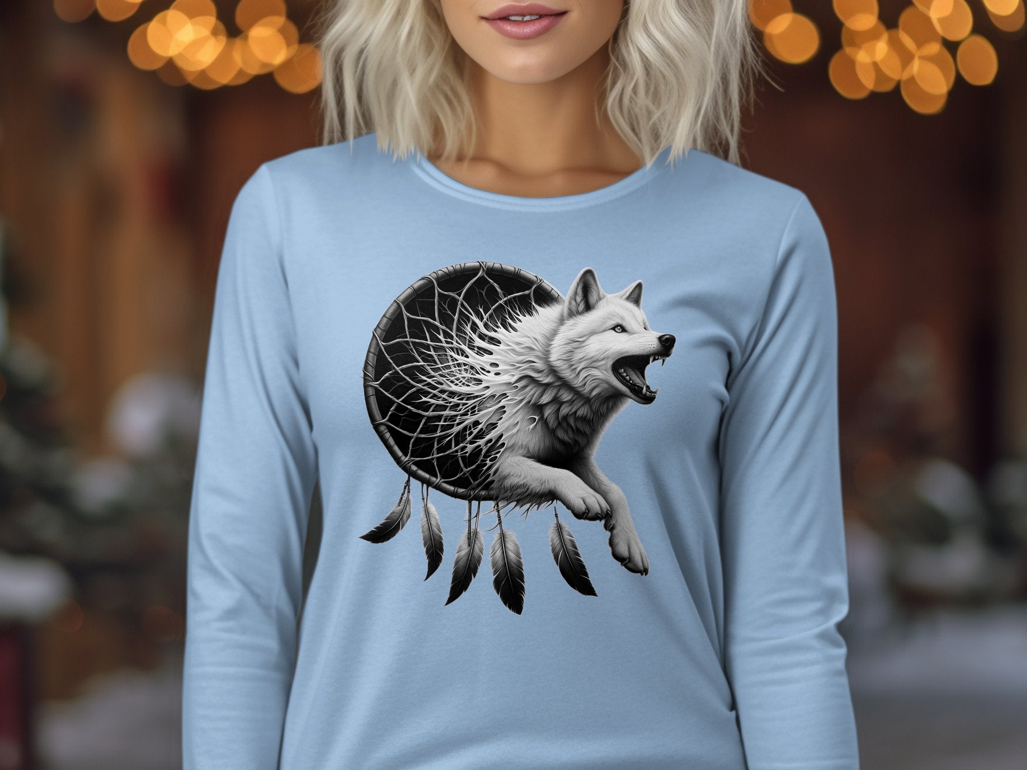 Dreamcatcher Wolf - Coloured Gildan Long Sleeve Realistic Native American Talisman Unisex Mythology Tee Graphic Design