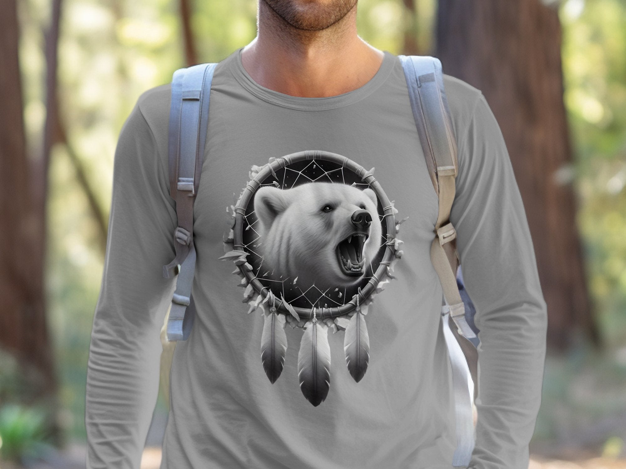 Dreamcatcher Bear - Coloured Gildan Long Sleeve Realistic Native American Talisman Unisex Mythology Tee Graphic Design