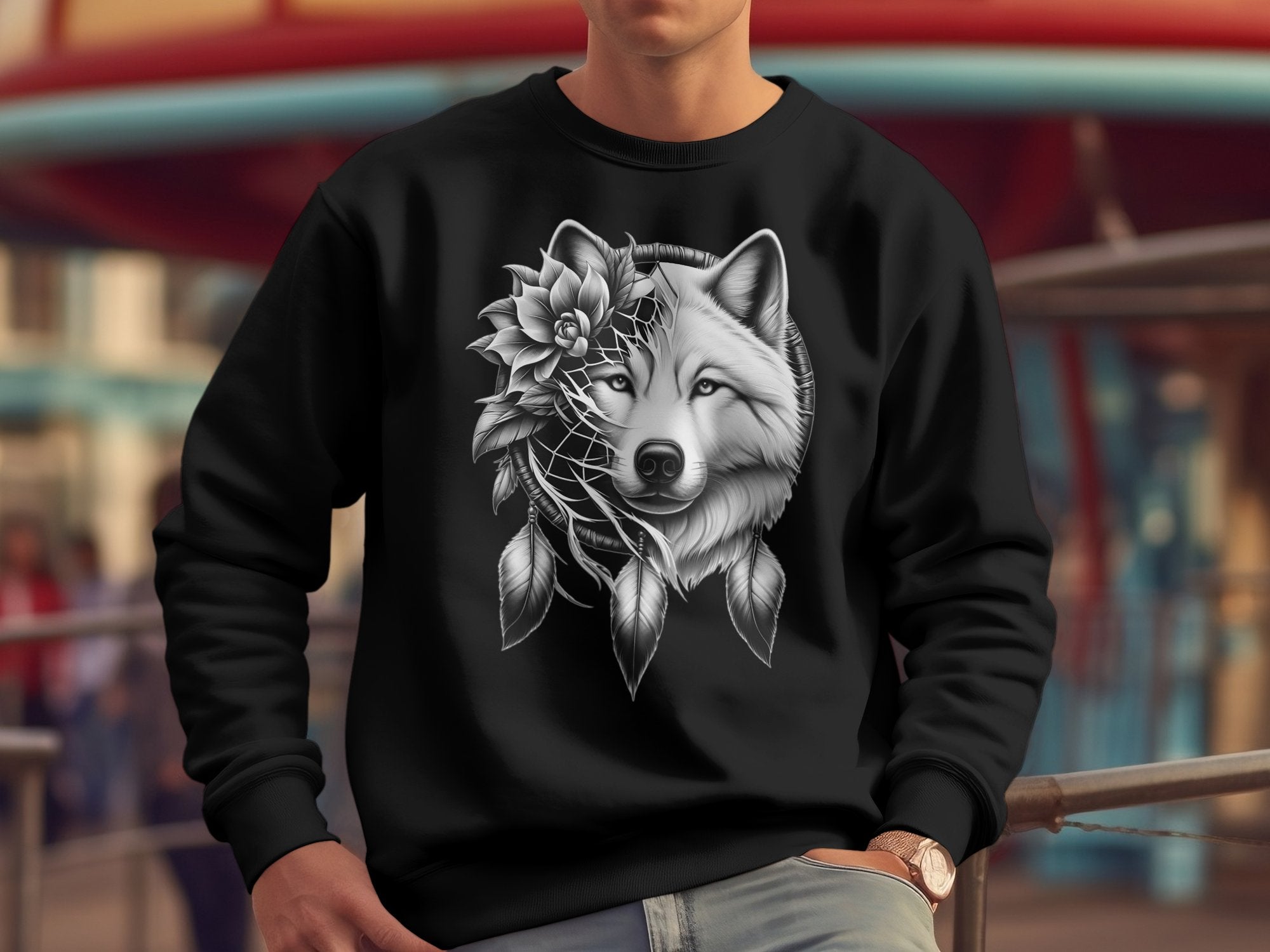 Dreamcatcher Wolf - Coloured Gildan Sweatshirt Realistic Native American Talisman Unisex Mythology Tee Graphic Design