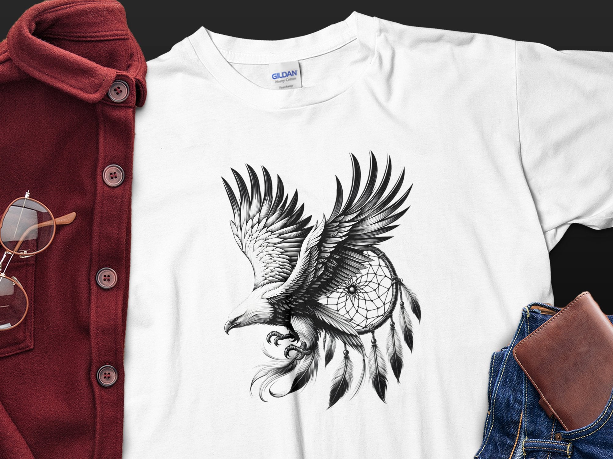 Dreamcatcher Eagle - Coloured Gildan T-Shirt Realistic Native American Talisman Unisex Mythology Tee Graphic Design