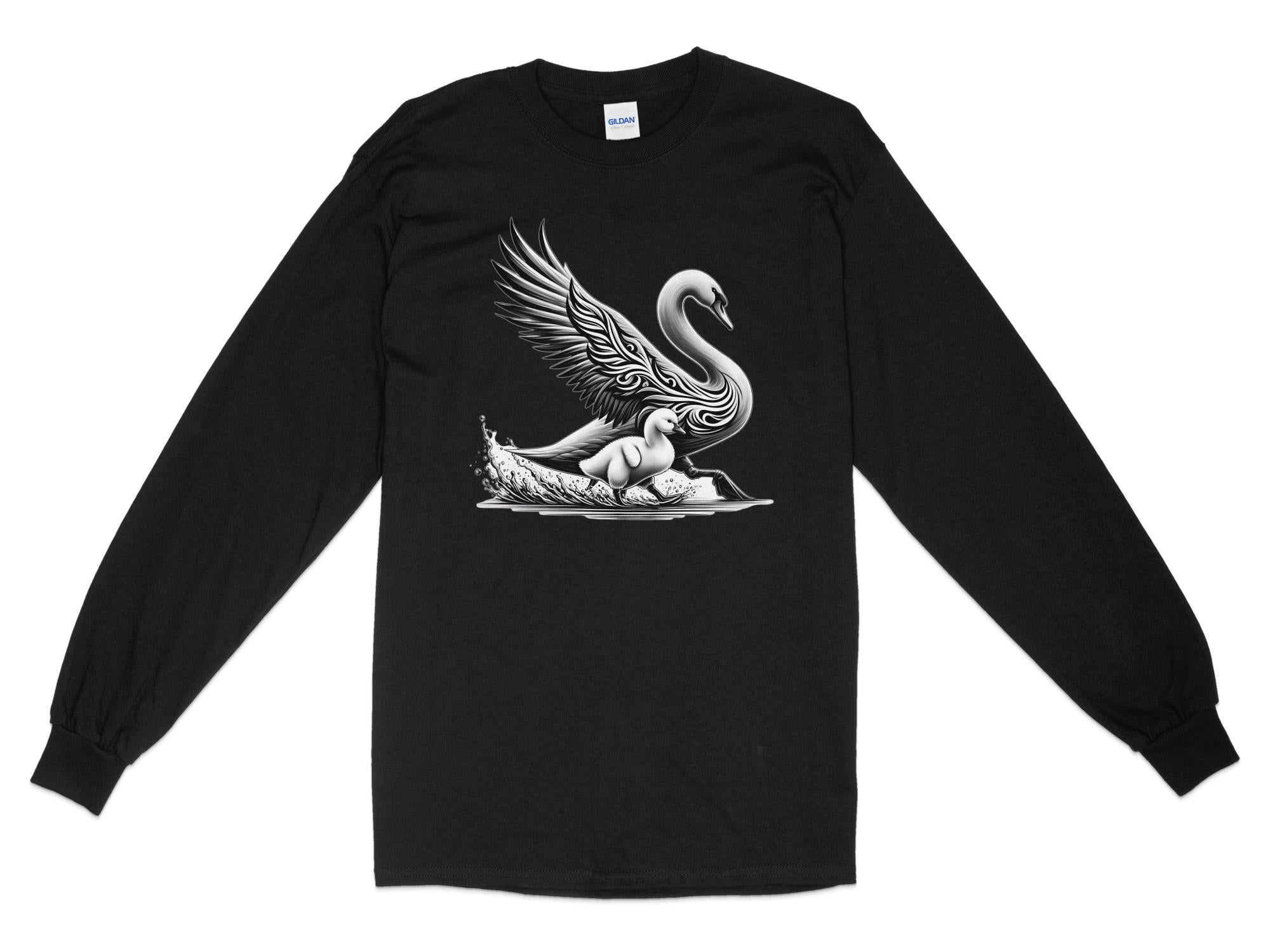 Swan & Cygnet- Black White Gildan Long Sleeve Realistic Family Talisman Unisex Tee Graphic Design