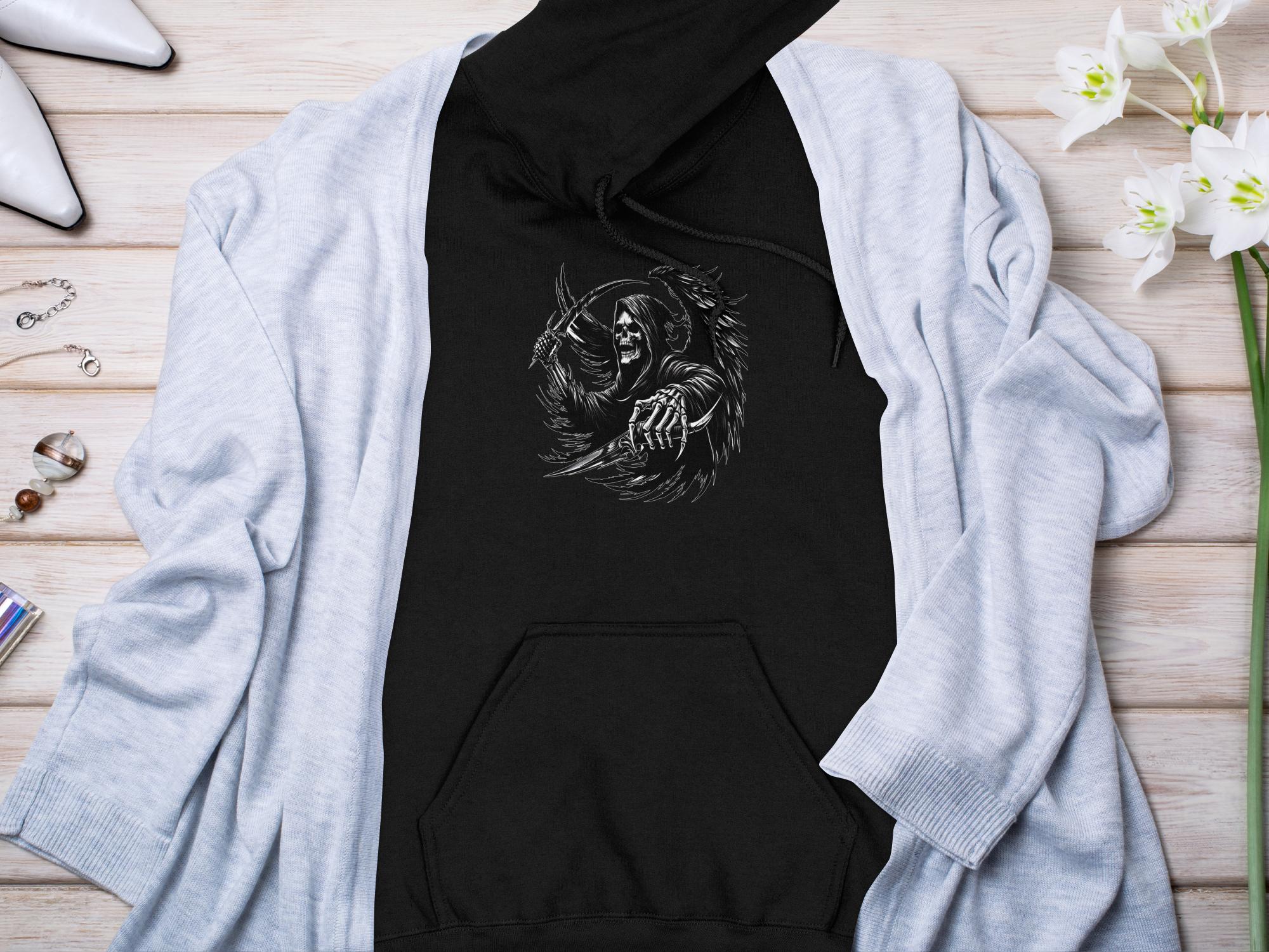 Grim Reaper - Black White Gildan Hoodie Commemorative Talisman Unisex Tee Graphic Design