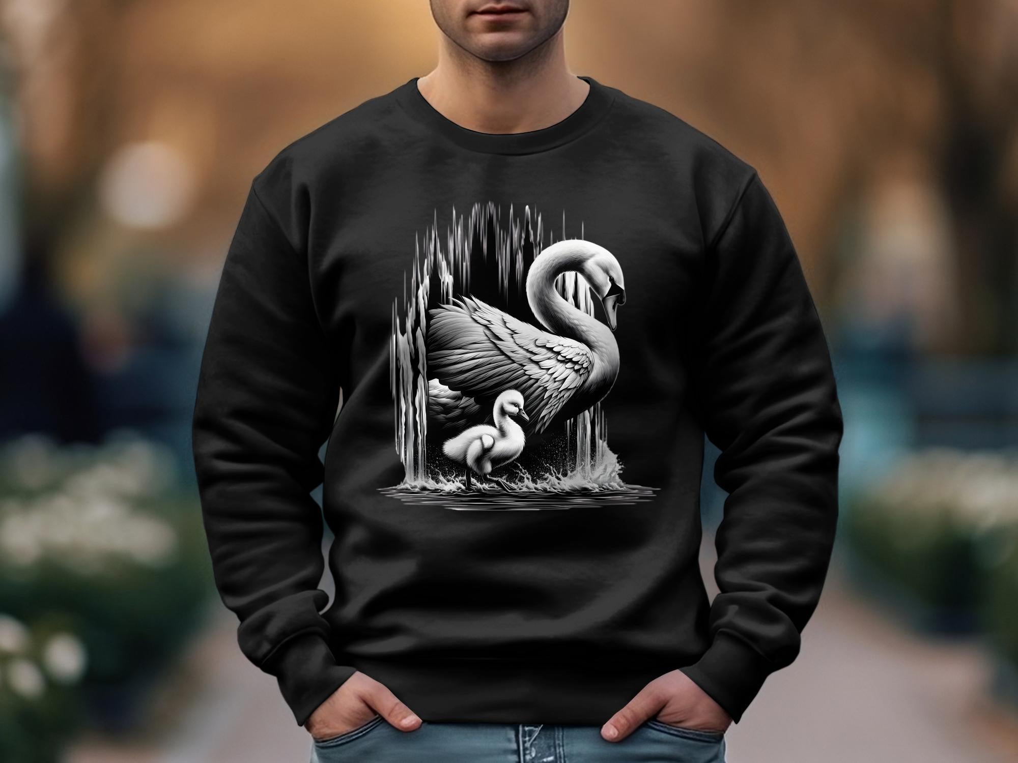 Swan & Cygnet- Black White Gildan Sweatshirt Realistic Family Talisman Unisex Tee Graphic Design