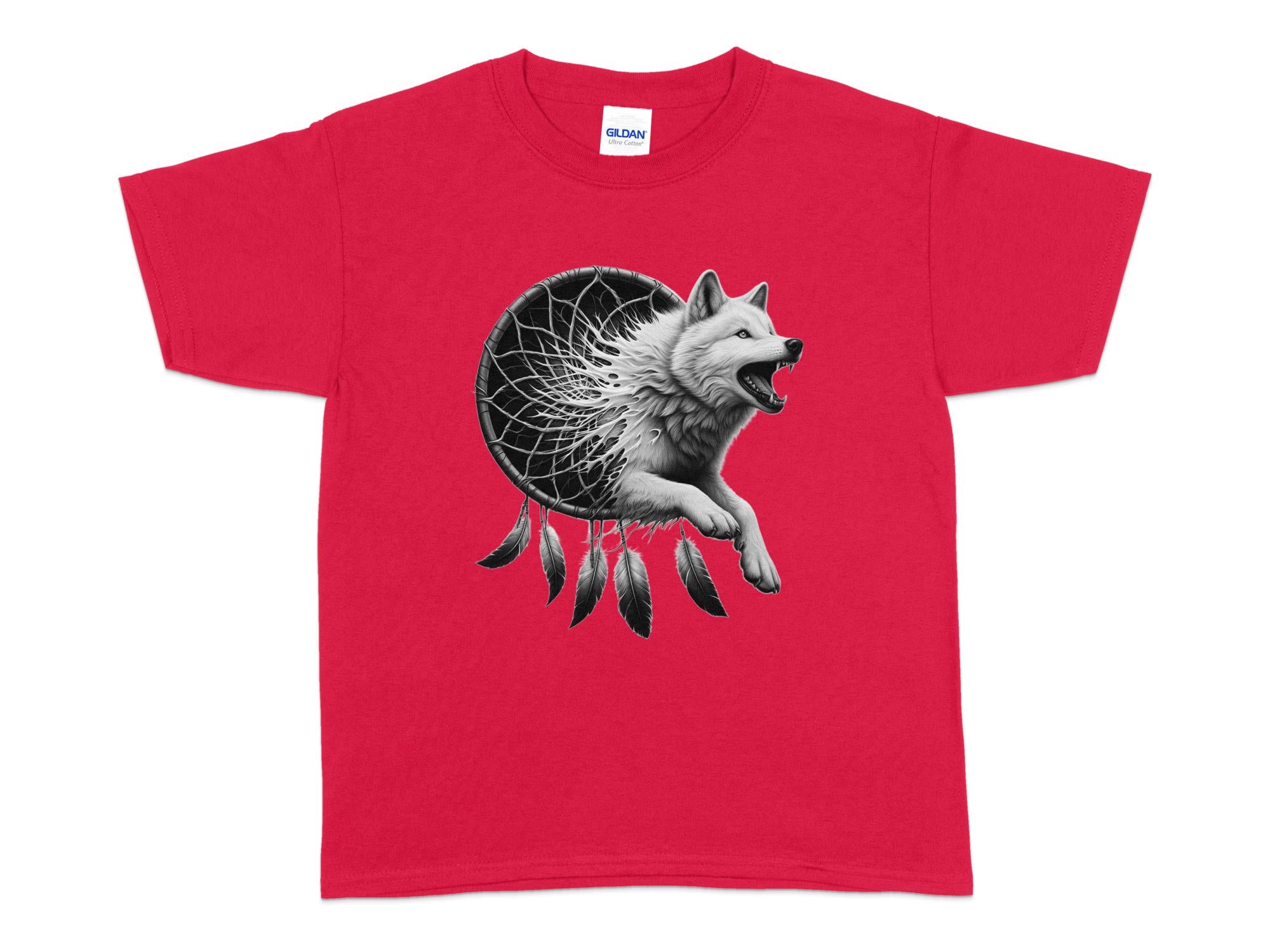 Dreamcatcher Wolf - Coloured Gildan Kids T-Shirt Realistic Native American Talisman Unisex Mythology Tee Graphic Design