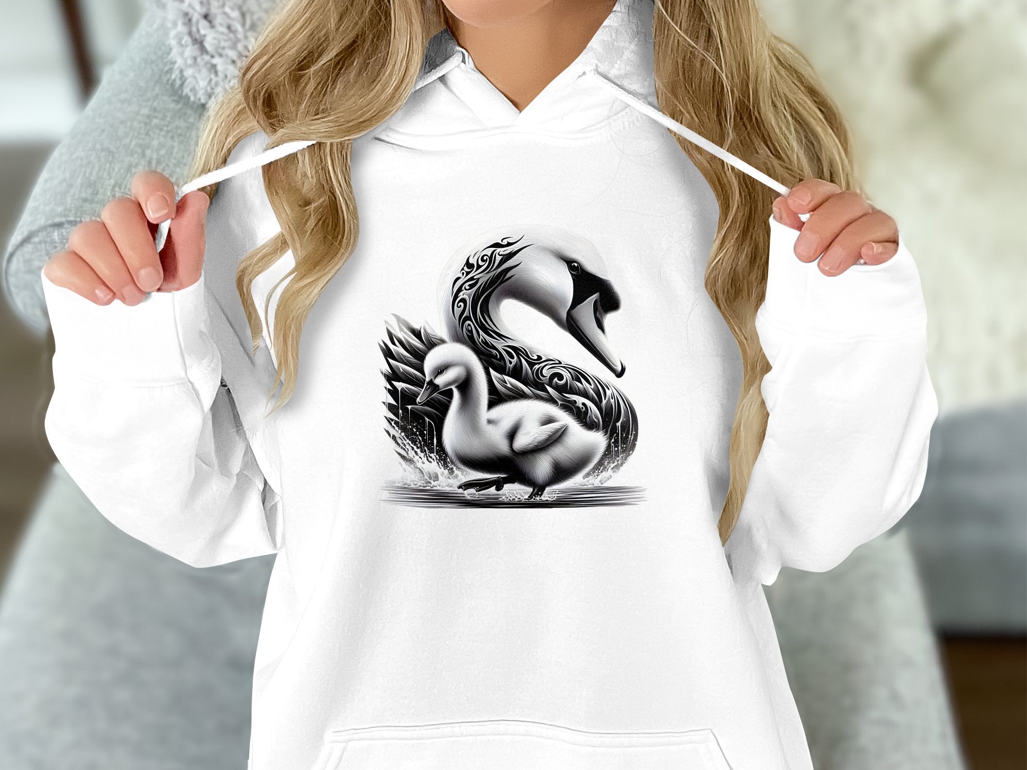 Swan & Cygnet- Black White Gildan Hoodie Realistic Family Talisman Unisex Tee Graphic Design