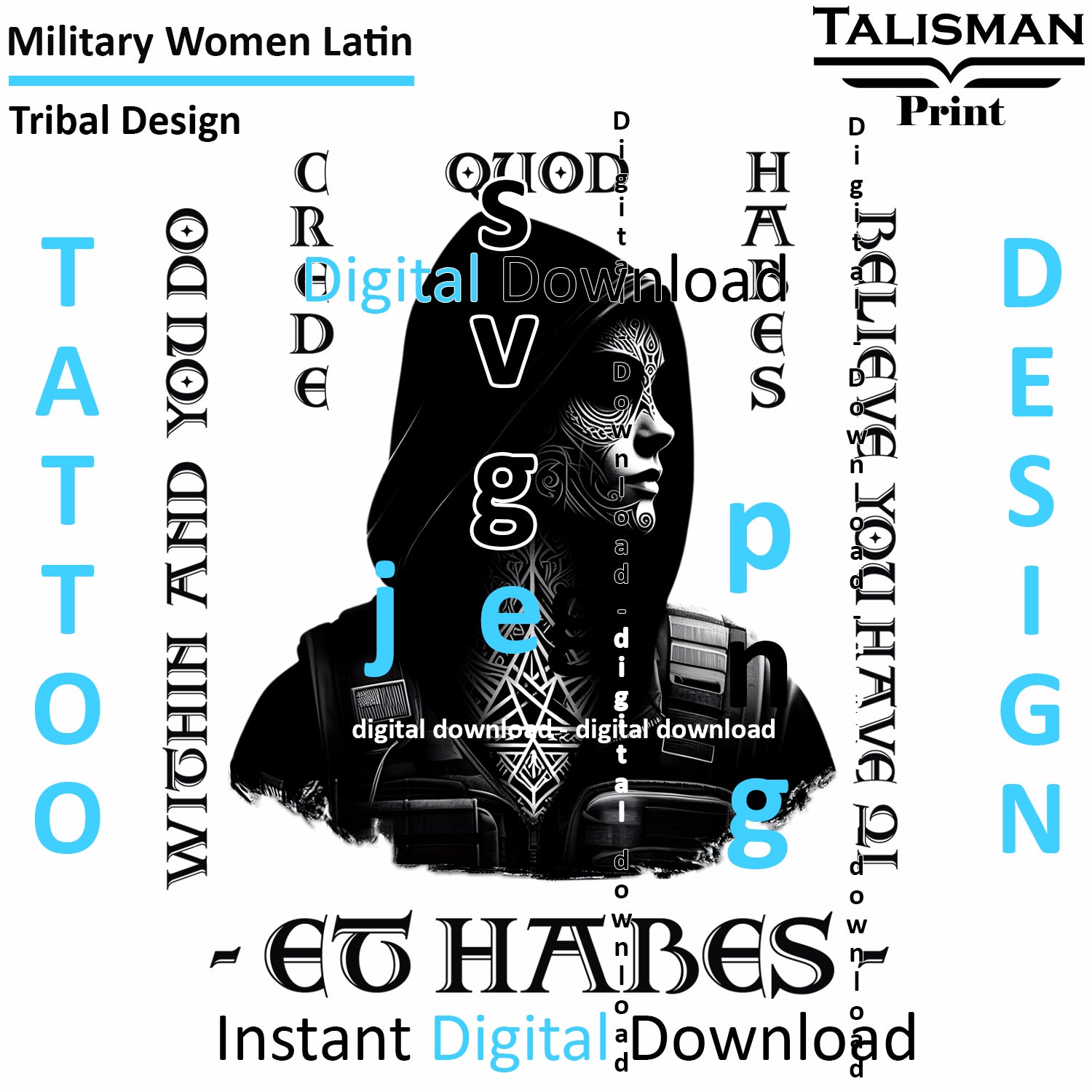 Military Woman Latin Digital Art Collection | PNG, JPEG & SVG | Instant Tattoo Download