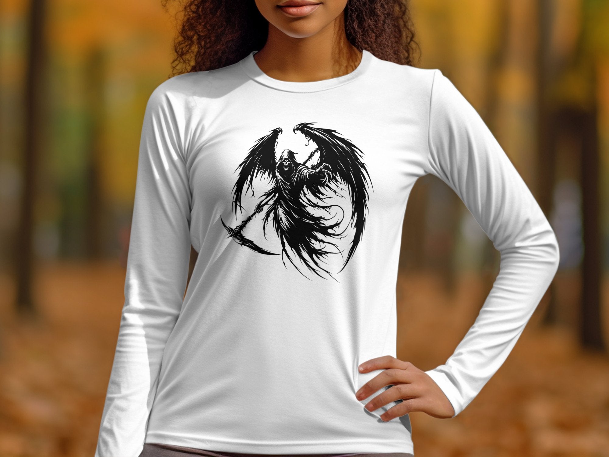 Grim Reaper - Black White Gildan Long Sleeve Commemorative Talisman Unisex Tee Graphic Design