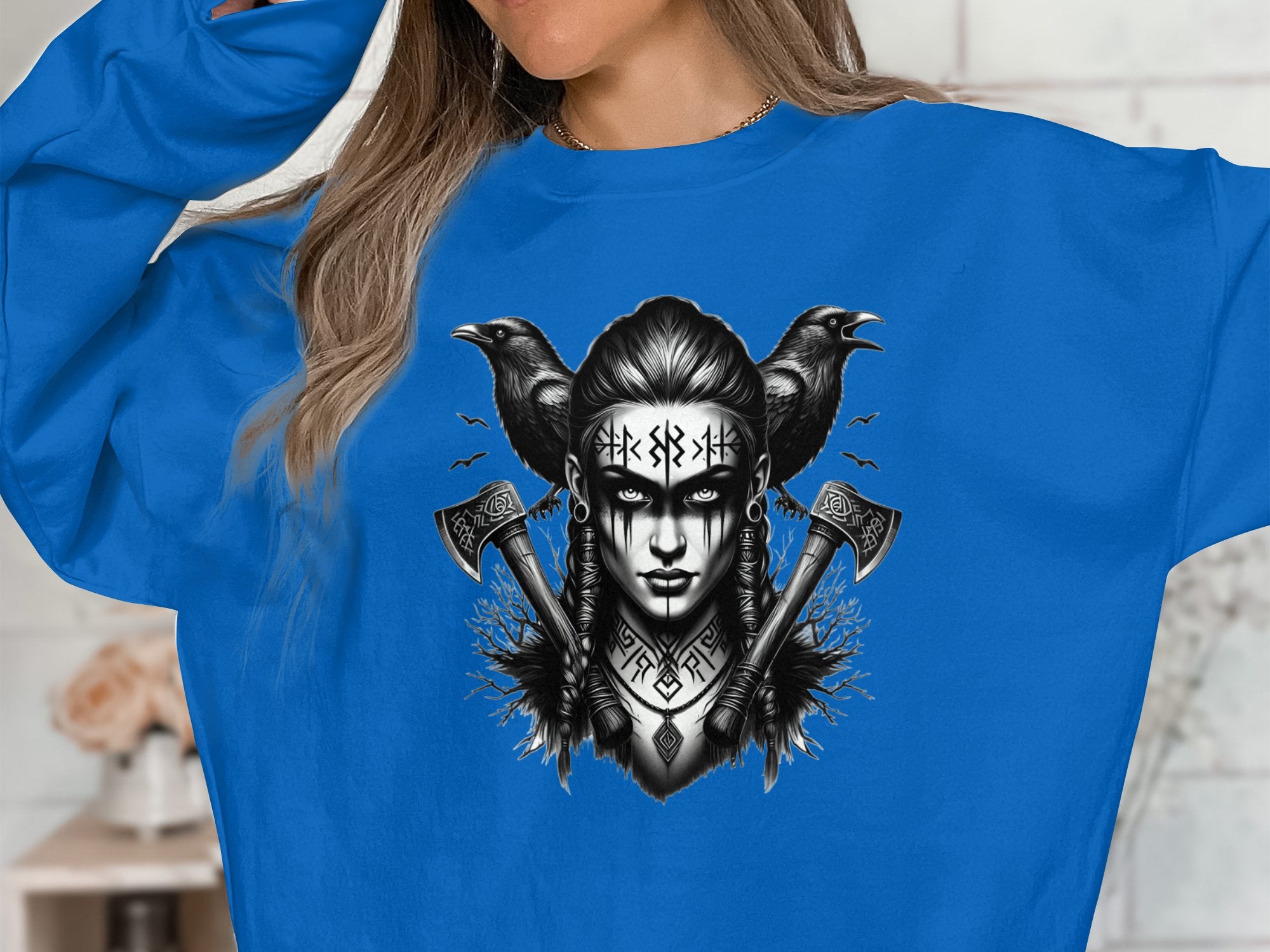 Viking Shield Maiden - Coloured Gildan Sweatshirt Realistic Norse Talisman Men Women Unisex Valhalla Tee Graphic Design