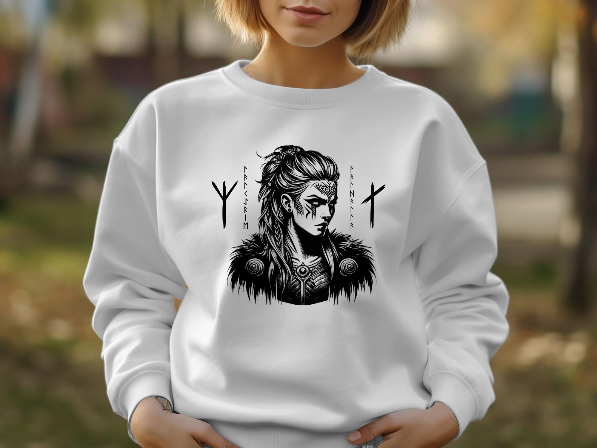 Viking Shield Maiden - Coloured Gildan Sweatshirt Realistic Norse Talisman Men Women Unisex Valhalla Tee Graphic Design