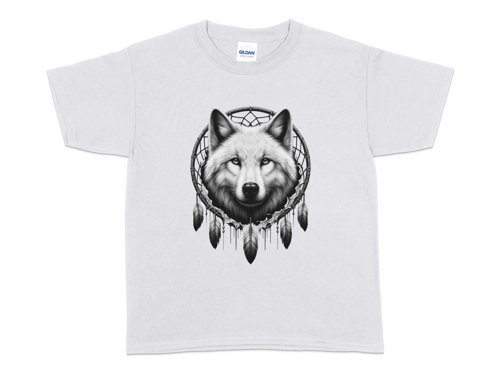 Dreamcatcher Wolf - Coloured Gildan Kids T-Shirt Realistic Native American Talisman Unisex Mythology Tee Graphic Design