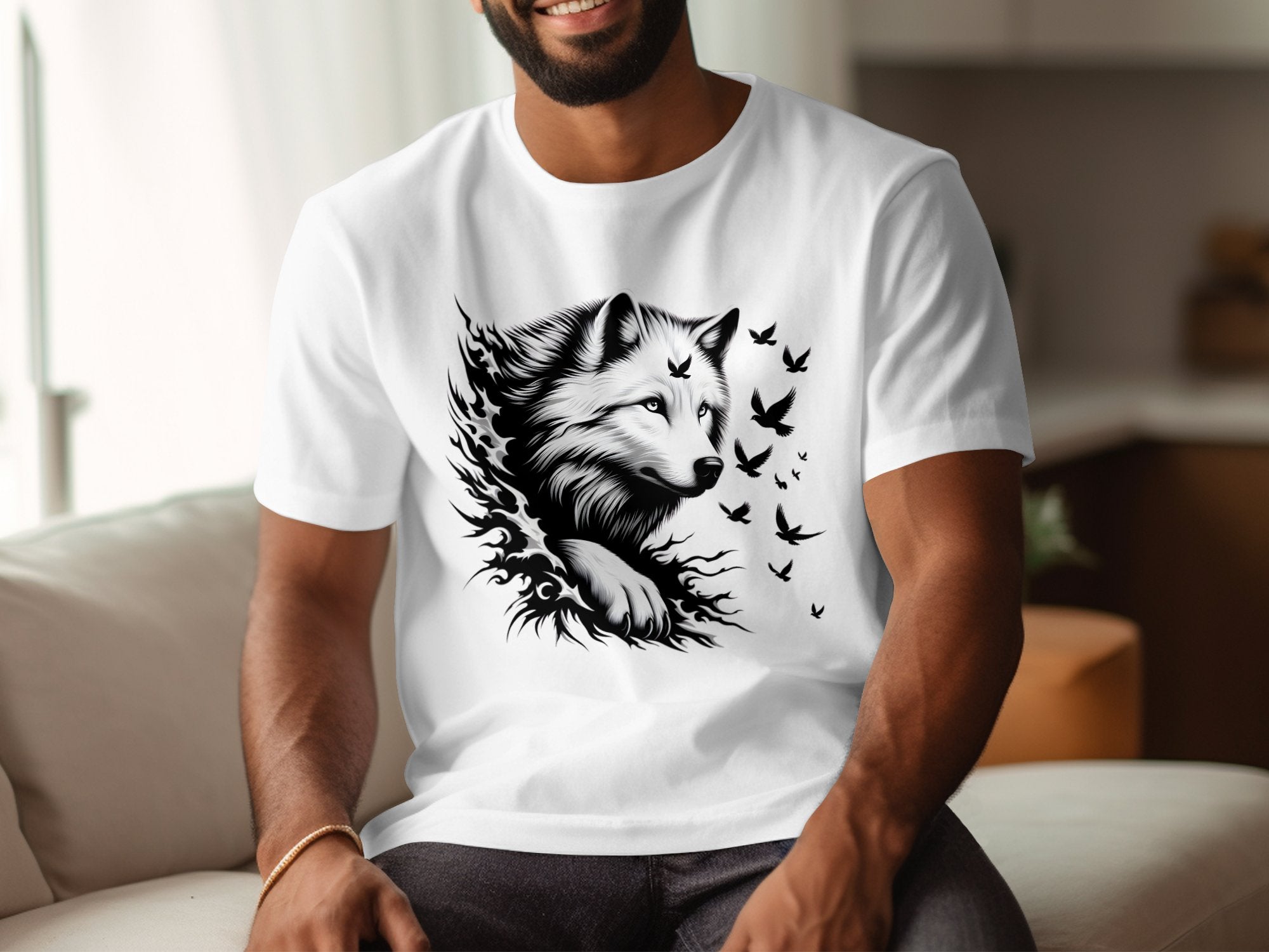 Wolf x Doves - Black White Gildan T-Shirt Realistic Animal Talisman Unisex Tee Graphic Design