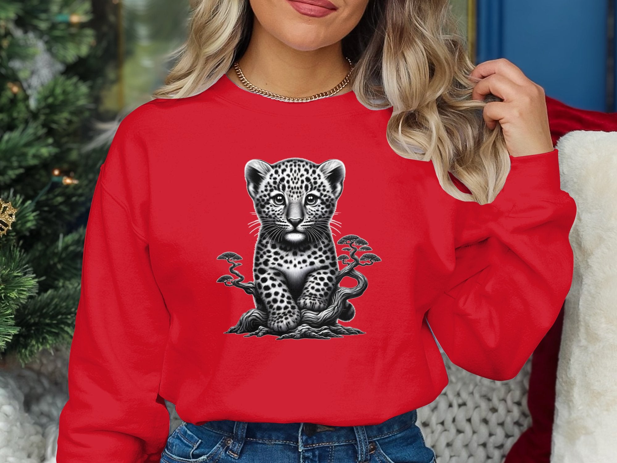 Leopard Bonsai - Coloured Gildan Sweatshirt Realistic Animal Talisman Unisex Cute Tee Graphic Design