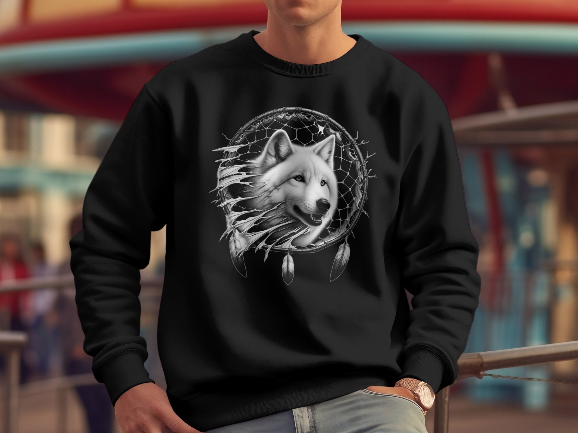 Dreamcatcher Wolf - Coloured Gildan Sweatshirt Realistic Native American Talisman Unisex Mythology Tee Graphic Design