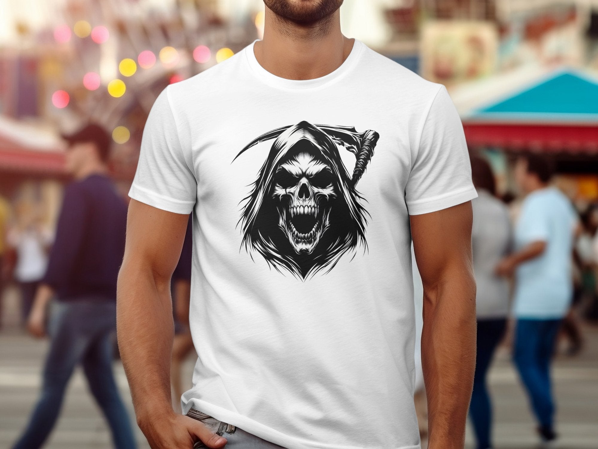 Grim Reaper - Black White Gildan T-Shirt Commemorative Talisman Unisex Tee Graphic Design