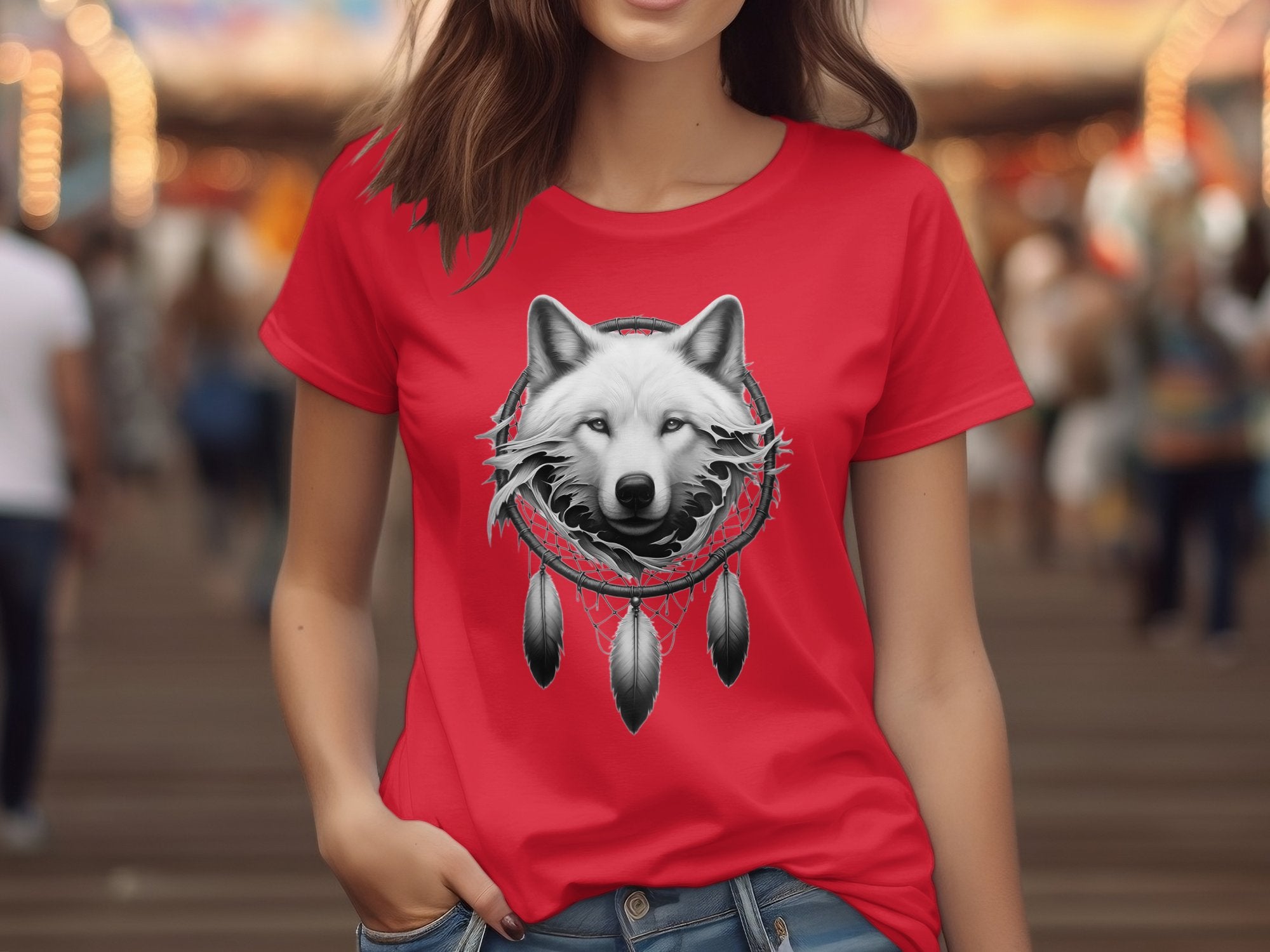 Dreamcatcher Wolf - Coloured Gildan T-Shirt Realistic Native American Talisman Unisex Mythology Tee Graphic Design