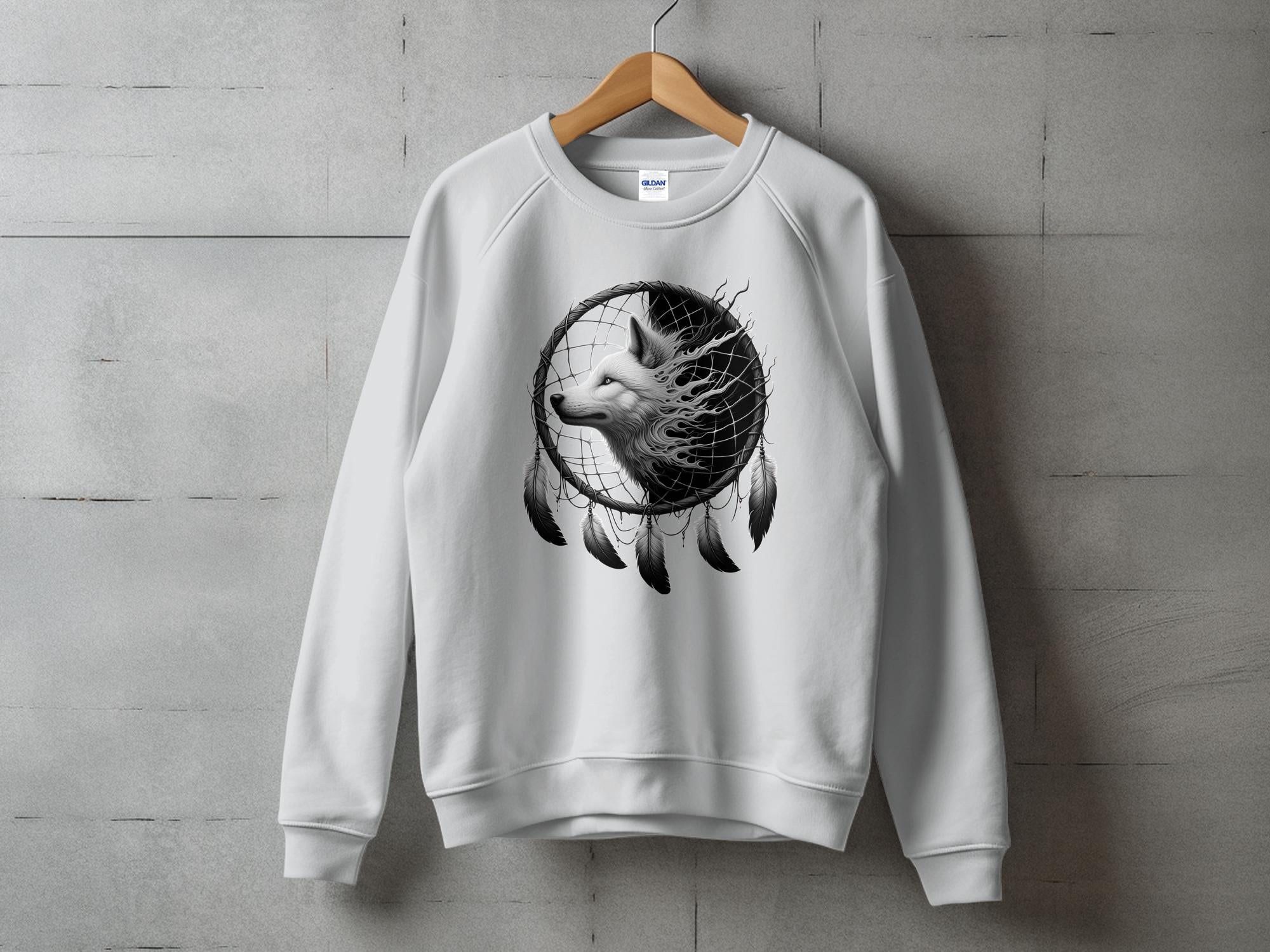 Dreamcatcher Wolf - Coloured Gildan Sweatshirt Realistic Native American Talisman Unisex Mythology Tee Graphic Design