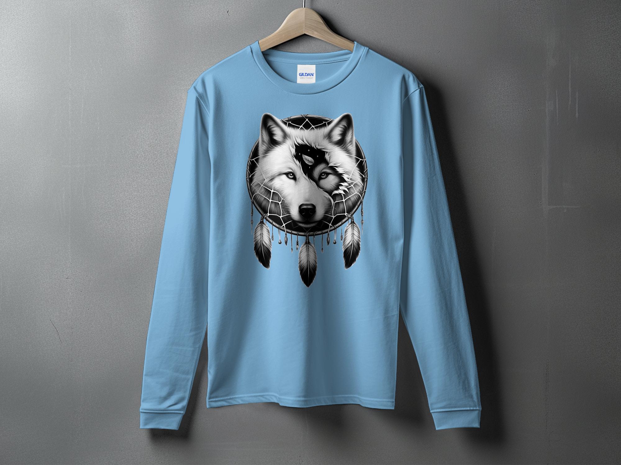 Dreamcatcher Wolf - Coloured Gildan Long Sleeve Realistic Native American Talisman Unisex Mythology Tee Graphic Design