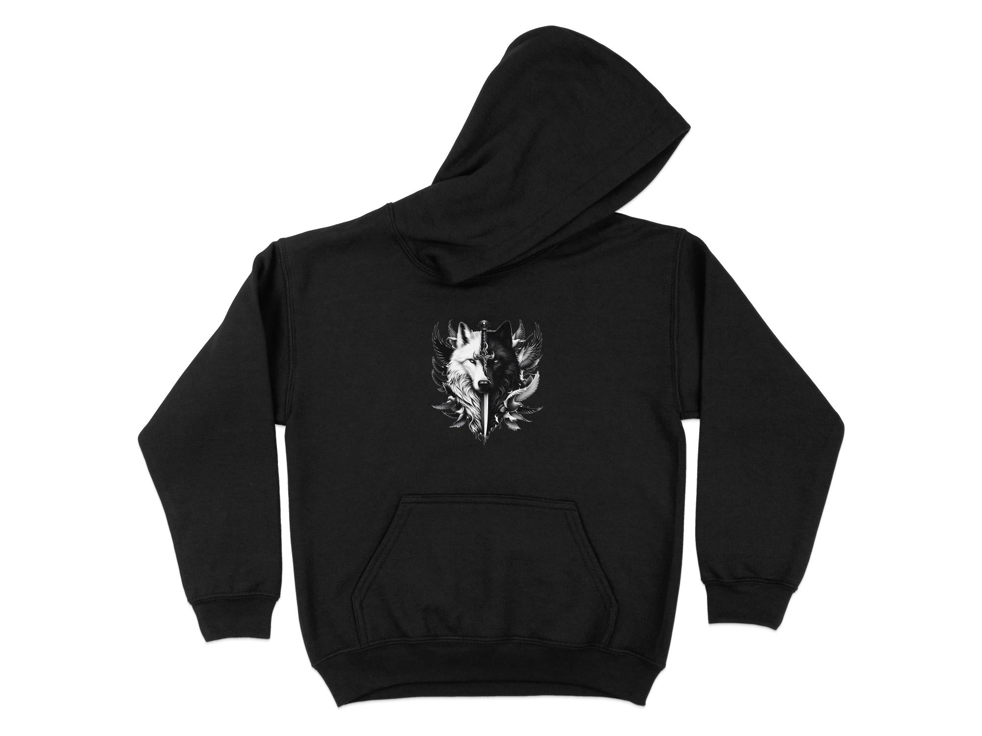 Wolf x Doves - Black White Gildan Hoodie Realistic Animal Talisman Unisex Tee Graphic Design