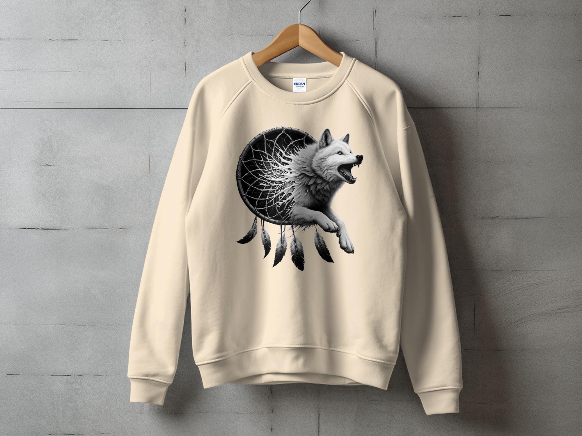 Dreamcatcher Wolf - Coloured Gildan Sweatshirt Realistic Native American Talisman Unisex Mythology Tee Graphic Design